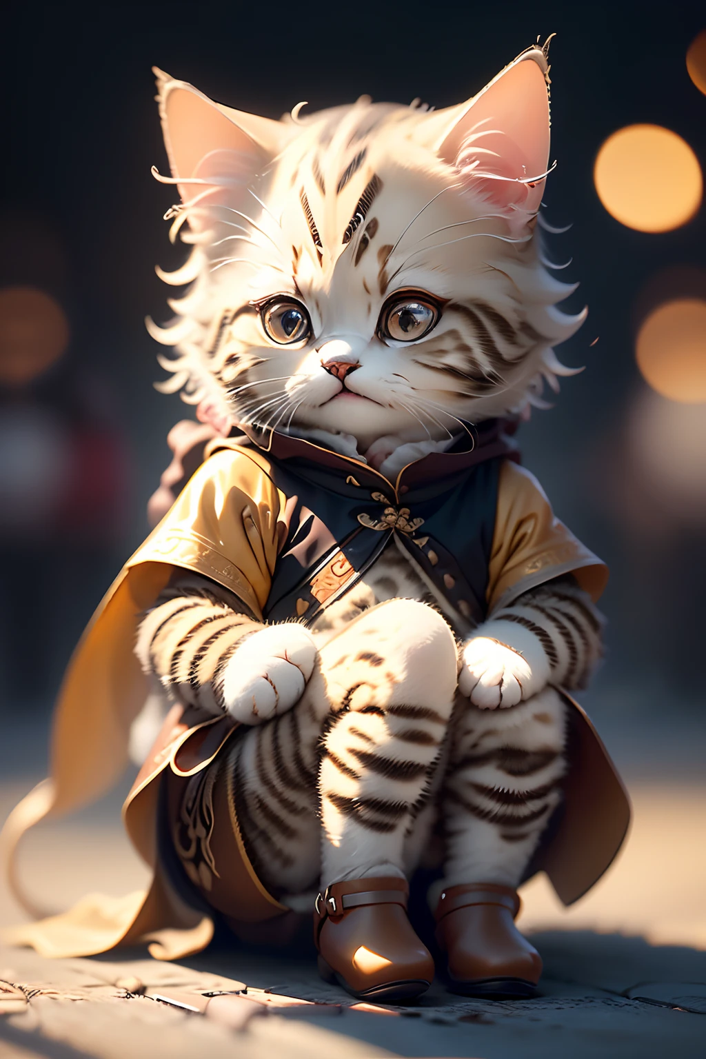 (maomihb:1.1), zhuangzunv,( no human:1.5), children focus,In focus, LongShot,(a 2-year-old kitten:1.5).(full body:1.3), brown eyes,(wearing Zhuang costumes:1.5), (Deerskin booties:1.5),
outdoor,(stylish and luxurious shopping street that is empty:1.2),(twilight:1.3),
light particles,sparkle,backlighting,Extremely simple background,(Depth of field:1.5),( bokeh background:1.2), (blurred background:1.4),
(Best quality, masterpiece: 1.2), (extremely intricate details), High sharpness, High definition, Extremely refined and beautiful, 8k, maomihb, catmanhb, light particles, zhuangzunv