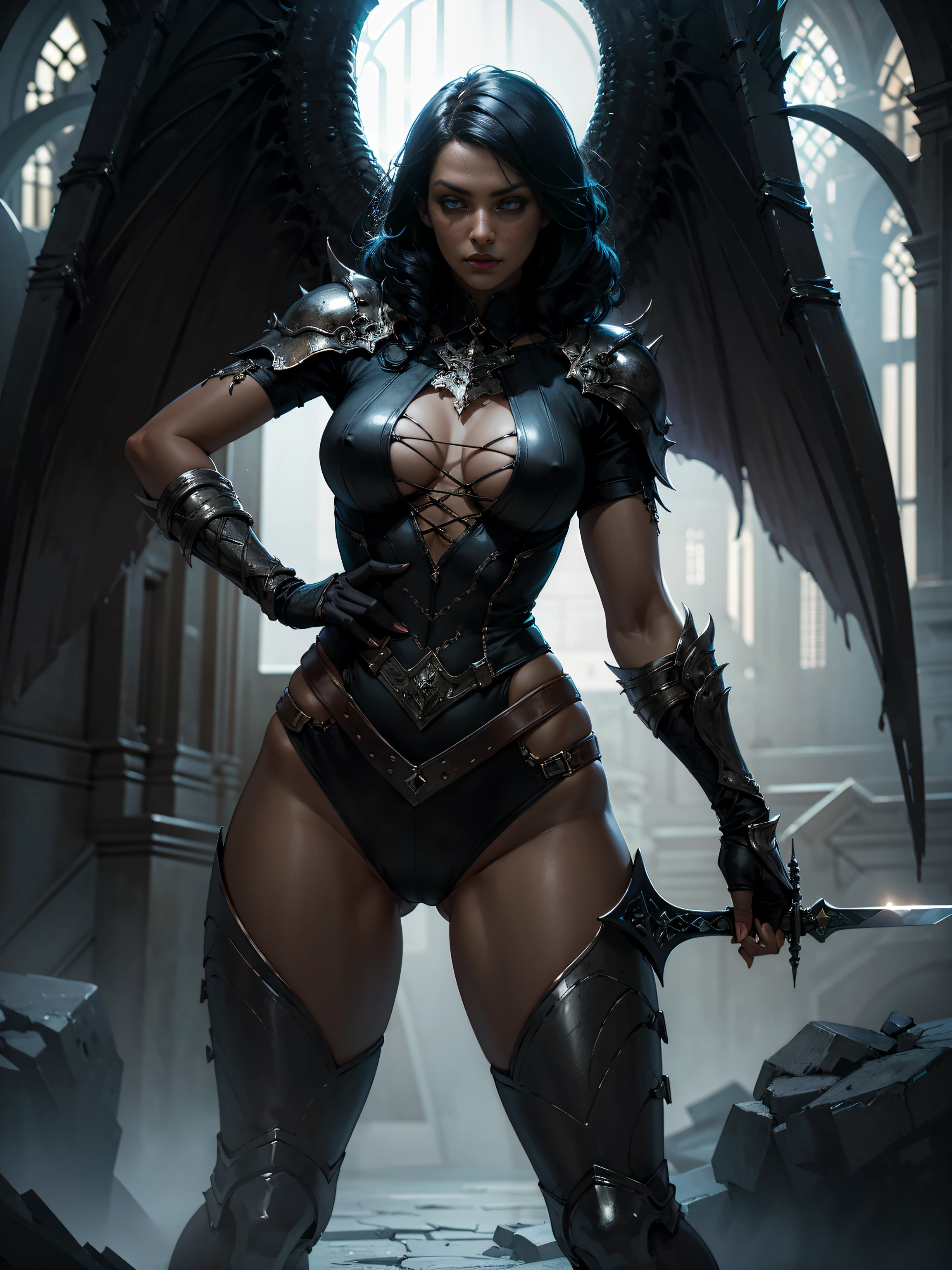 portraite of a, 25-year-old girl holding flaming sword, Standing in a Fighting Pose, Leaning on the Sword, Photo below [ thigh gap [ camel toe :  ] : 0.4], dark fantasy style art, dark fantasy mixed with realism, gothic fantasy art, Rich, Deep Colours, (intricate details:0.9), (HDR, hyper-detailing:1.2), (natural skin textures, hyper realisitc, soft light, Sharp),