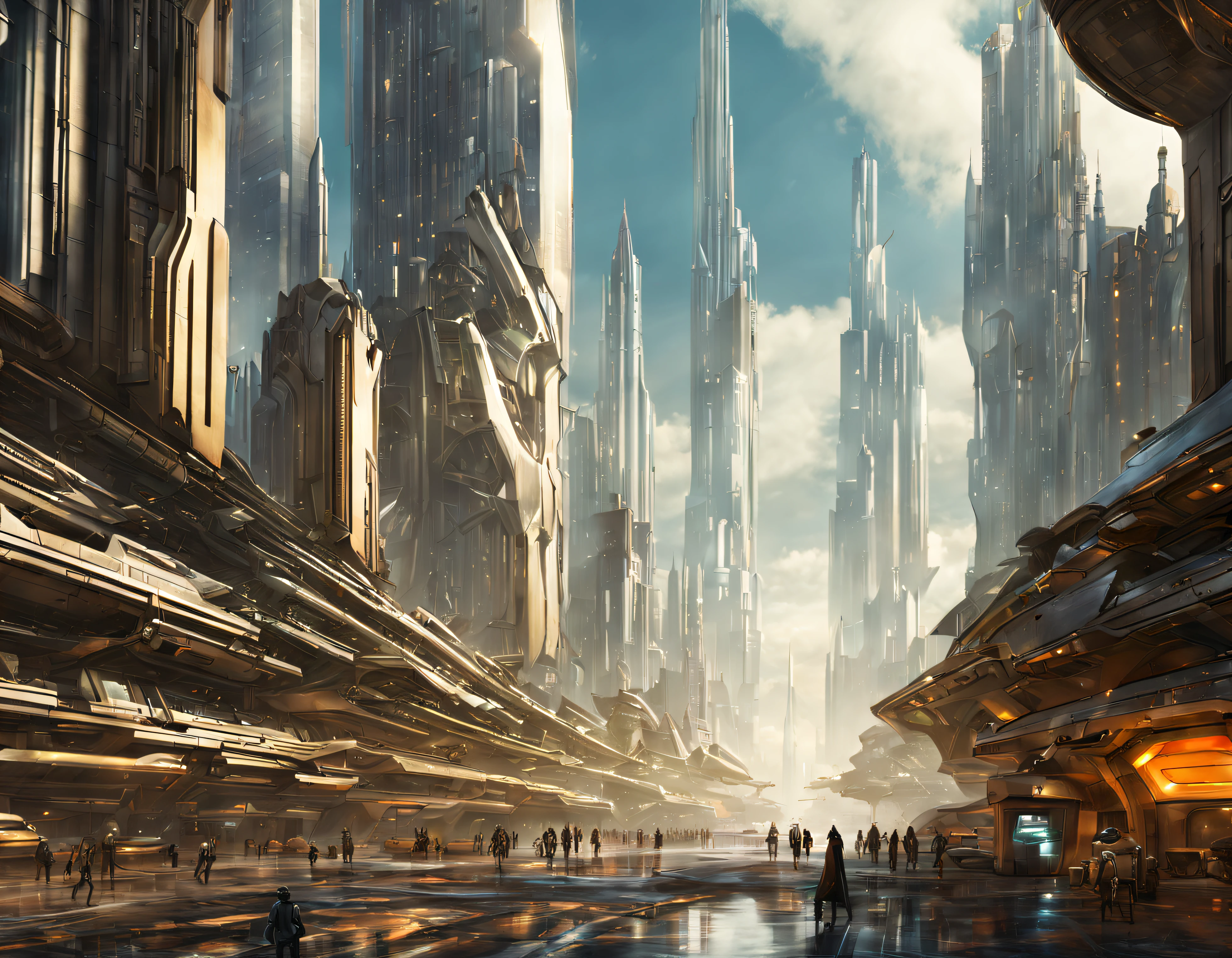 On an unknown planet there is a futuristic city with immense buildings of technological design que forman una infinita avenida, con estructuras acristaladas en plata, oro y bronce espectaculares en la que sobrevive un robot femenino espectacular. con colores vivos. pavimento ensolado. gente paseando. cierto aire a coruscant.