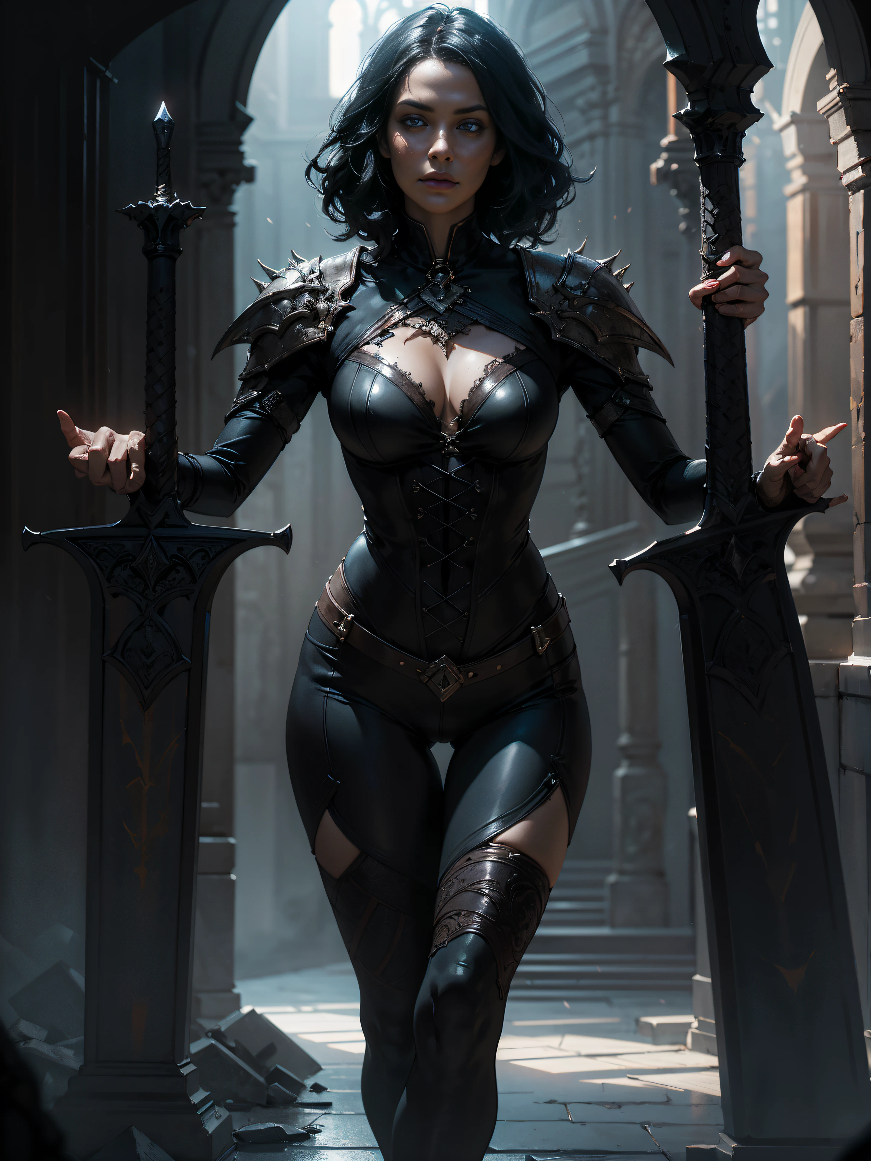 portraite of a, 25-year-old girl holding flaming sword, Standing in a Fighting Pose, Leaning on the Sword, Photo below [ thigh gap [ camel toe :  ] : 0.4], dark fantasy style art, dark fantasy mixed with realism, gothic fantasy art, Rich, Deep Colours, (intricate details:0.9), (HDR, hyper-detailing:1.2), (natural skin textures, hyper realisitc, soft light, Sharp),
