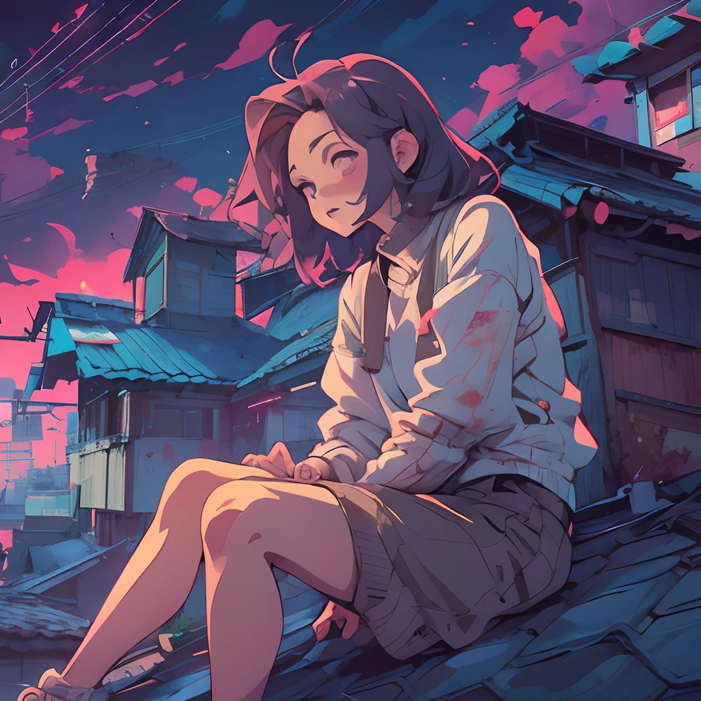 (zero), Girl sitting on the roof of an old house, Lo-fi images,Retro, flat,2.5D, night lights, Rooftop view, Neon Scape, Beautiful colorful night sky,sao ,Crazy painting, intricate eyes, Minimalist, Analog Color Theme, Fantasy ,line-art, Ink Drawing, Large ink line, watercolor, Goauche Colors, Studio Ghibli Style, Awesome colorful, Outer Ton, Synthwave,nostalgic, lofi art,90s style,Nostalgic art, Old texture, amplitude,90s vibe, Masterpiece, Vast technology