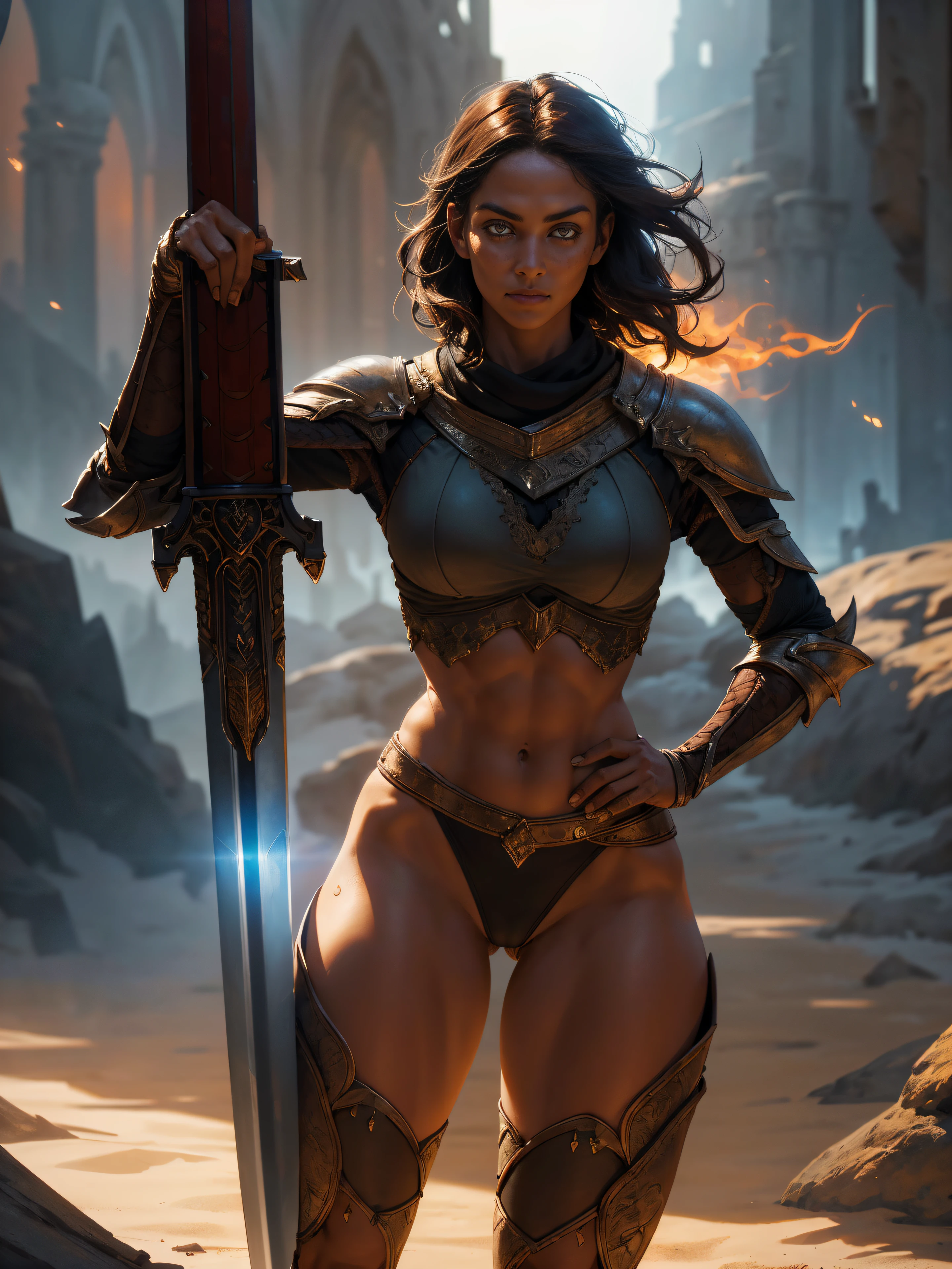 25-year-old girl holding flaming sword, Standing in a Fighting Pose, Leaning on the Sword, Photo below [ thigh gap [ camel toe :  ] : 0.4], Rich, Deep Colours, (intricate details:0.9), (HDR, hyper-detailing:1.2), (natural skin textures, hyper realisitc, soft light, Sharp),