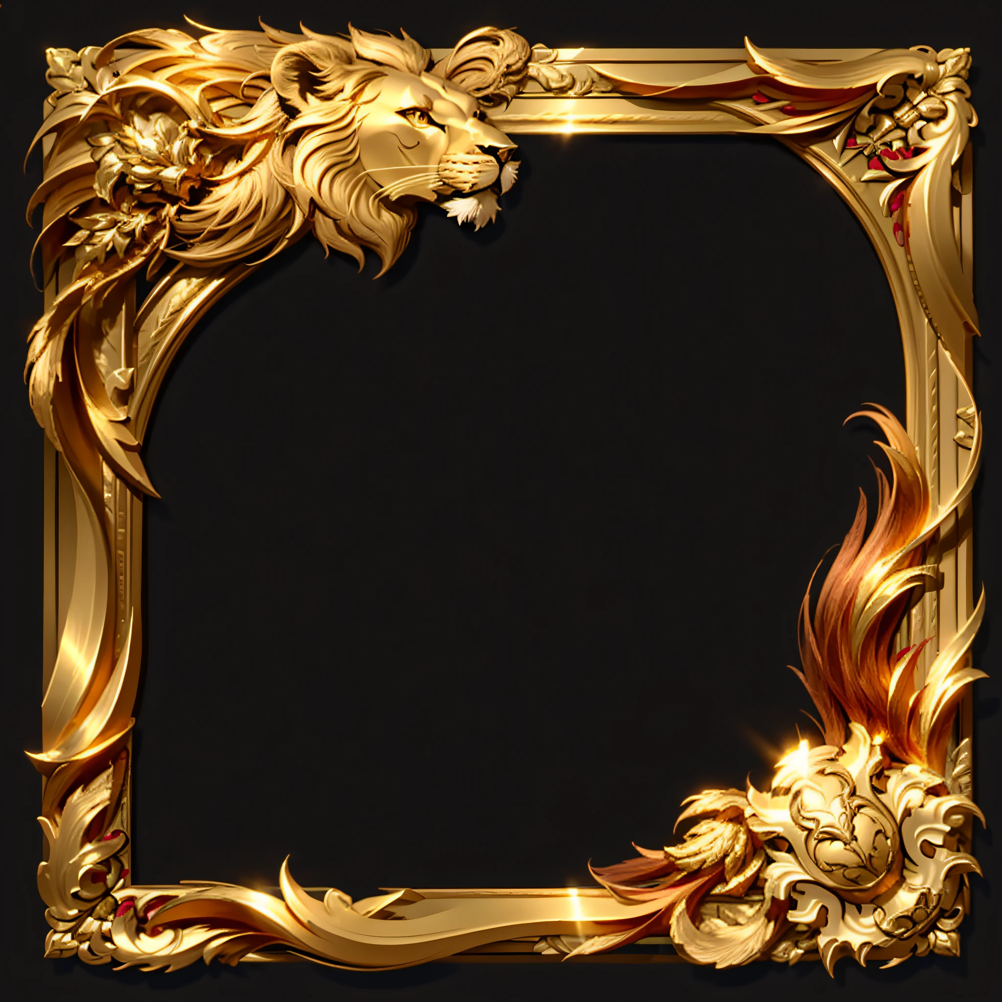 Gold frame with lion head close-up, ornate border+concept-art, Gold elements, opulent,, game icon asset, soft delicate draconic features,Optimal metal light perception,8 resolution