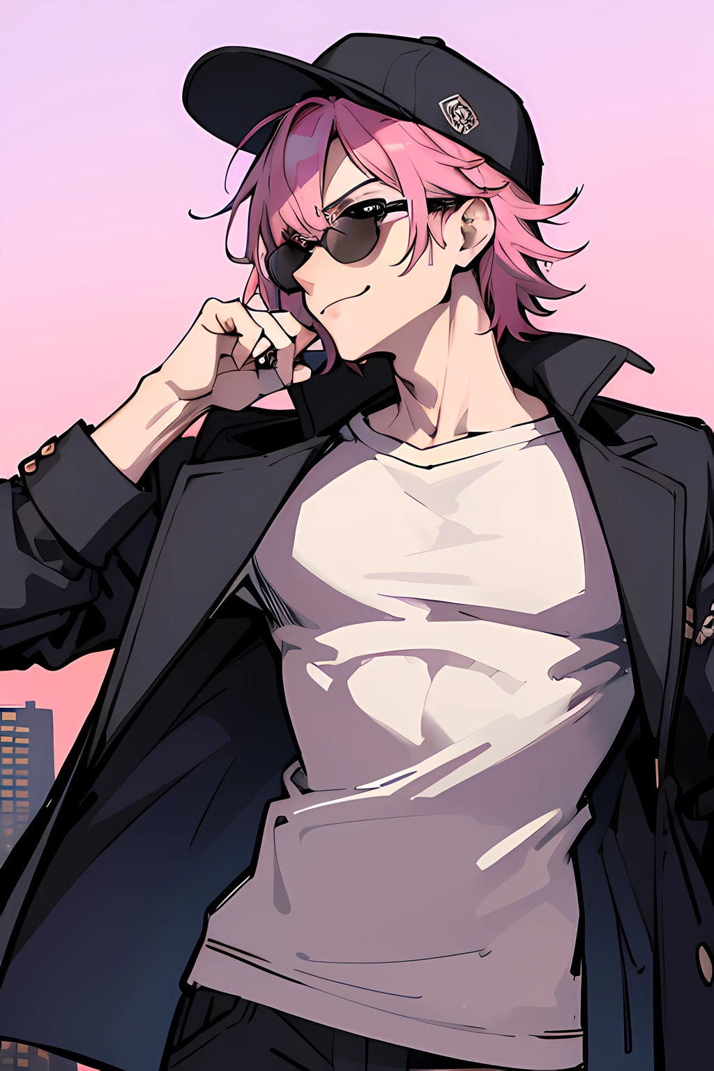 (absurdres, 8k, 4k, masterpiece, hyper extreme detailed:1.2), solo, 1guy, side view portrait, best quality, expressive eyes, perfect face, 1guy, portrait, solo, male, mature male, adult, casualwear, cocky, confident, pants, jacket, baseball cap, short hair, straight hair, drawing, swept bangs, cowboy shot, half body, pink hair, expressive eyes, perfect eyes, shades, city background, smirk,