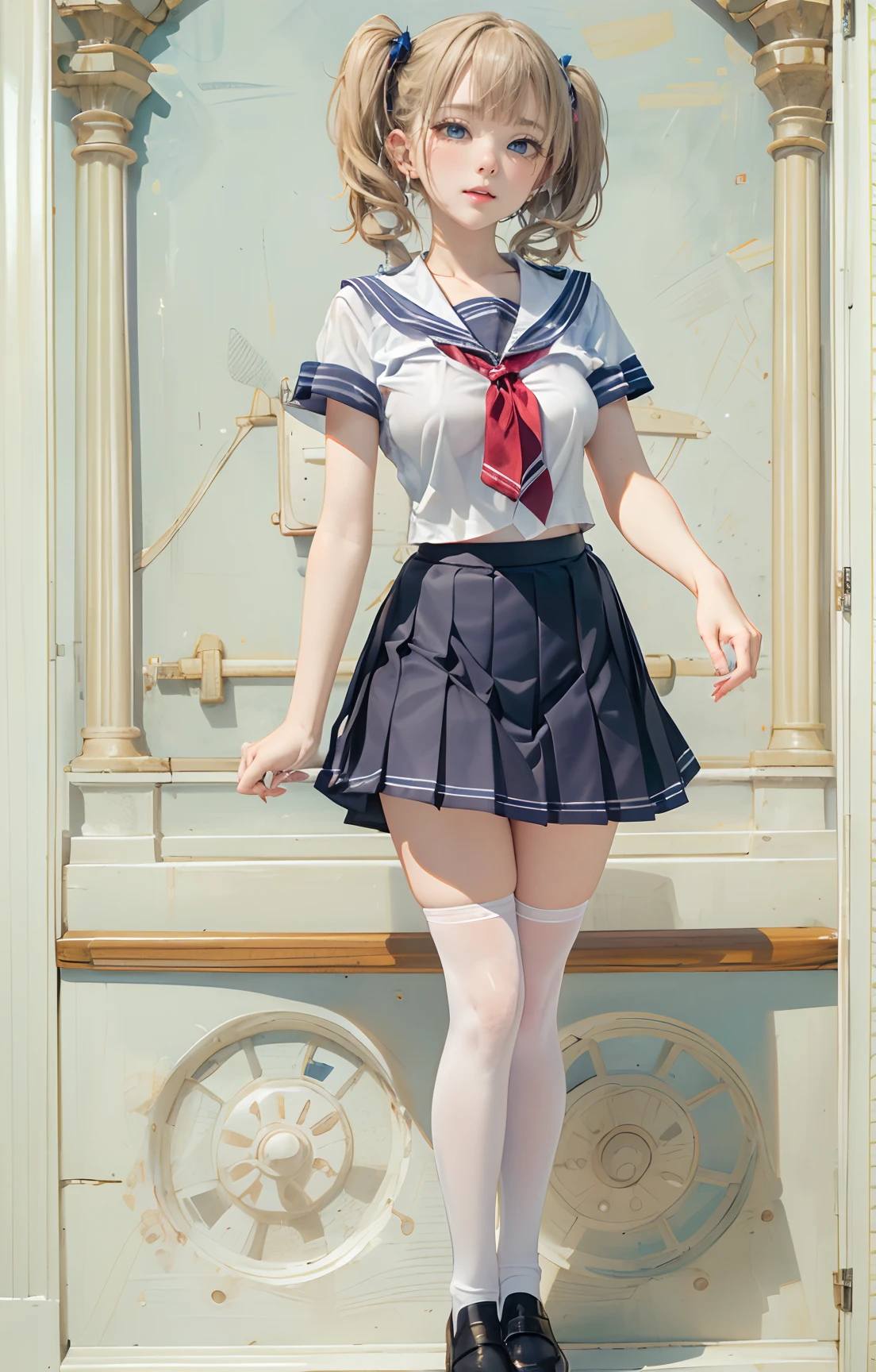 top-quality,ultra-detailliert,masterpiece,realisitic,Photo Real,Bright lighting,1 girl in,(kawaii:1.2),Thin smile, (Deep Blue Eyes:1.3),(low twintails:1.2),(Pattsun bangs:1.2),perfect glossy skin,flawless skin,(A sexy),((accurate hands without incongruity)), large full breasts,big breasts thin waist, Look at viewers,((a sailor suit)),((Short sleeve uniform white shirt)),(red necktie),(Blue Mini Pleated Skirt),(((skirt lift by yourself))),(lifted by self),(Showing panties),panties on,(Black knee socks),(Loafer shoes), during daytime,