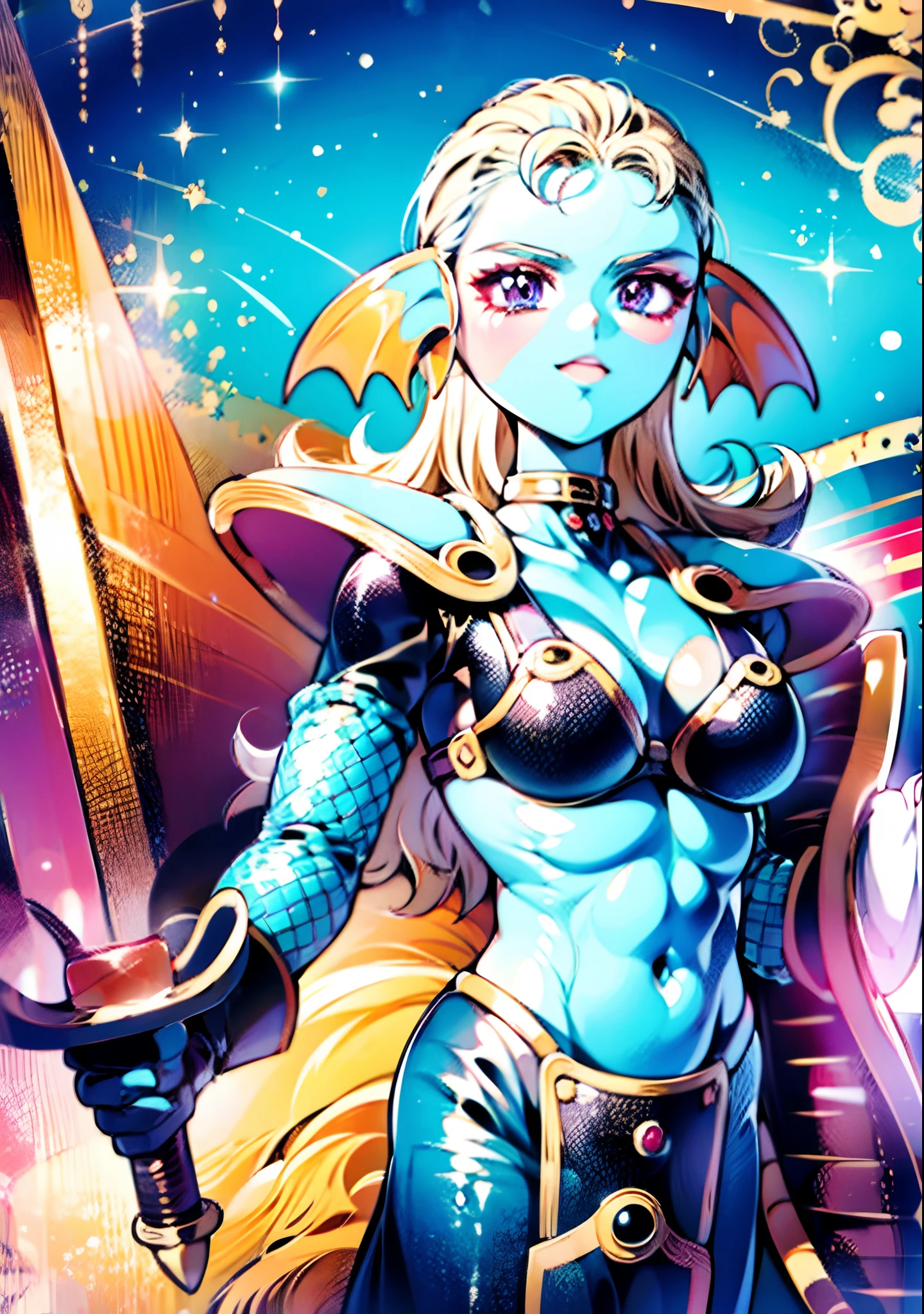 8K,High quality,Anime,married,Beautiful woman,Bright,Eye Highlights,Purple eyes,Sexy,ultra gigantic tits,oversized tits,Dark blue ,Erotic,beautiful line art. Blue skin, Blue and orange gradient fins, Black Bikini Armor, holding swords, Holding Shield, Bejeweled ornaments and bikini armor, Highly revealing outfits, Dark Facial Makeup,Light blue skin of the belly、Paws have light blue skin、