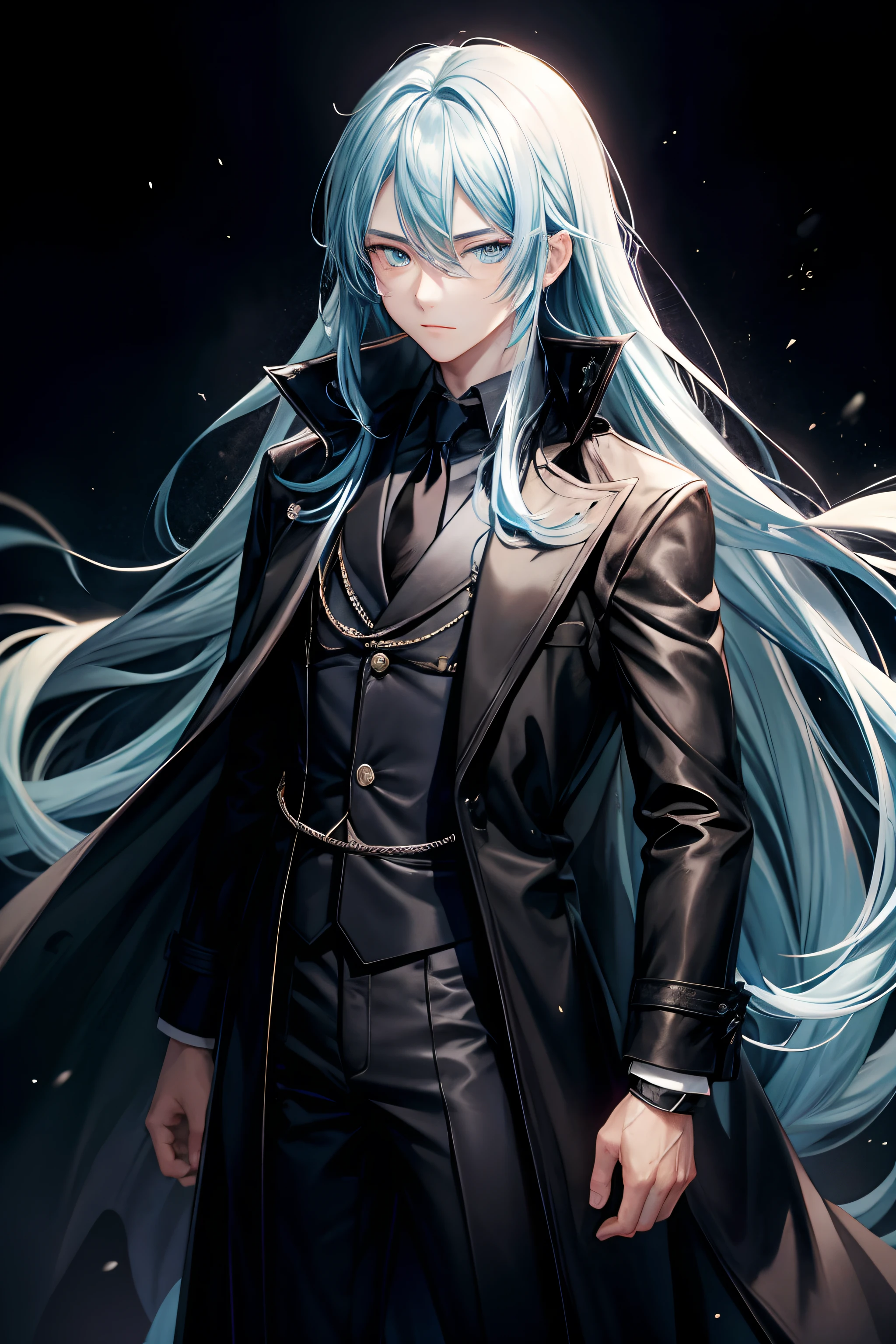 anime eyes, a young man, long blue hair, black overcoat, black background
