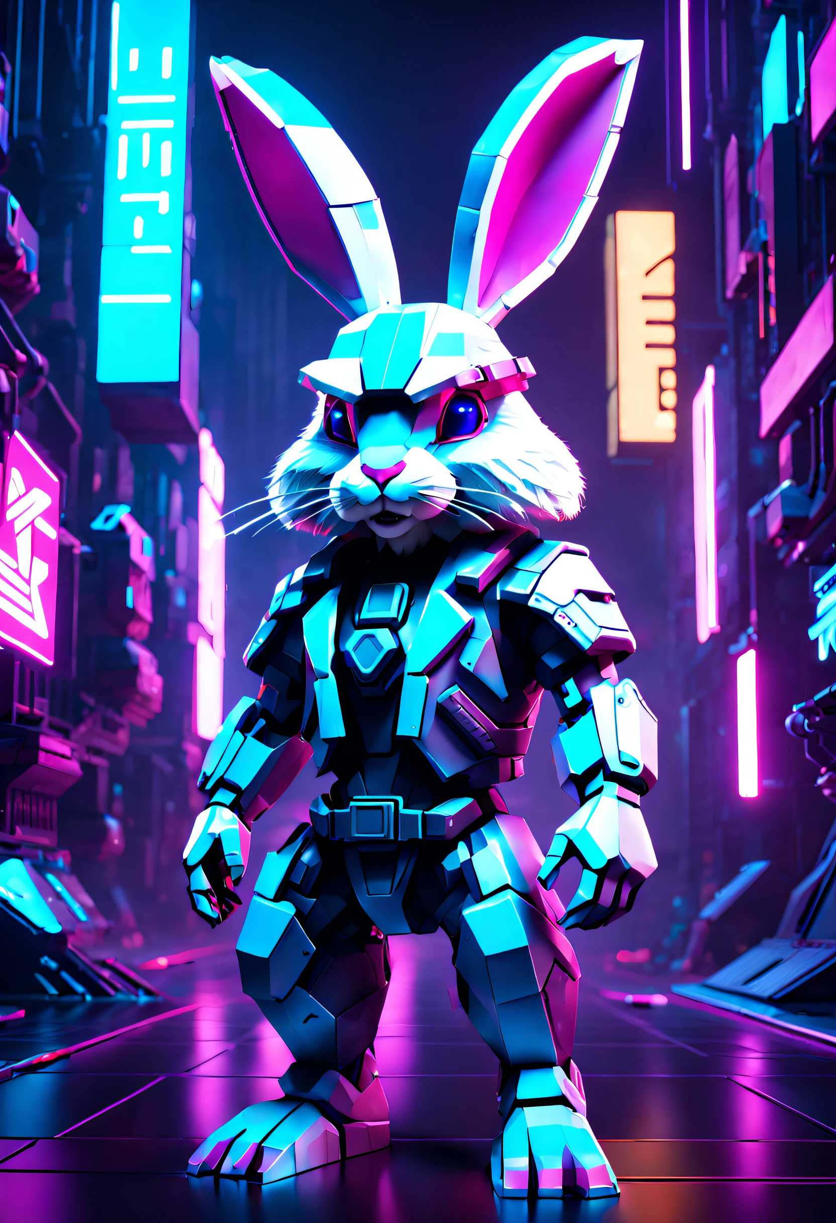 low-poly style Easter Bunny, (reimagined in a cyberpunk universe), (cyberpunk style), (cyberpunk), (augmentation), cybernetics, glowing neon lights, cinematic scene, hero view, action pose, beautiful 8k, detailed background, masterpiece, best quality, high quality, absurdres, vivid.. low-poly game art, polygon mesh, jagged, blocky, wireframe edges, centered composition
