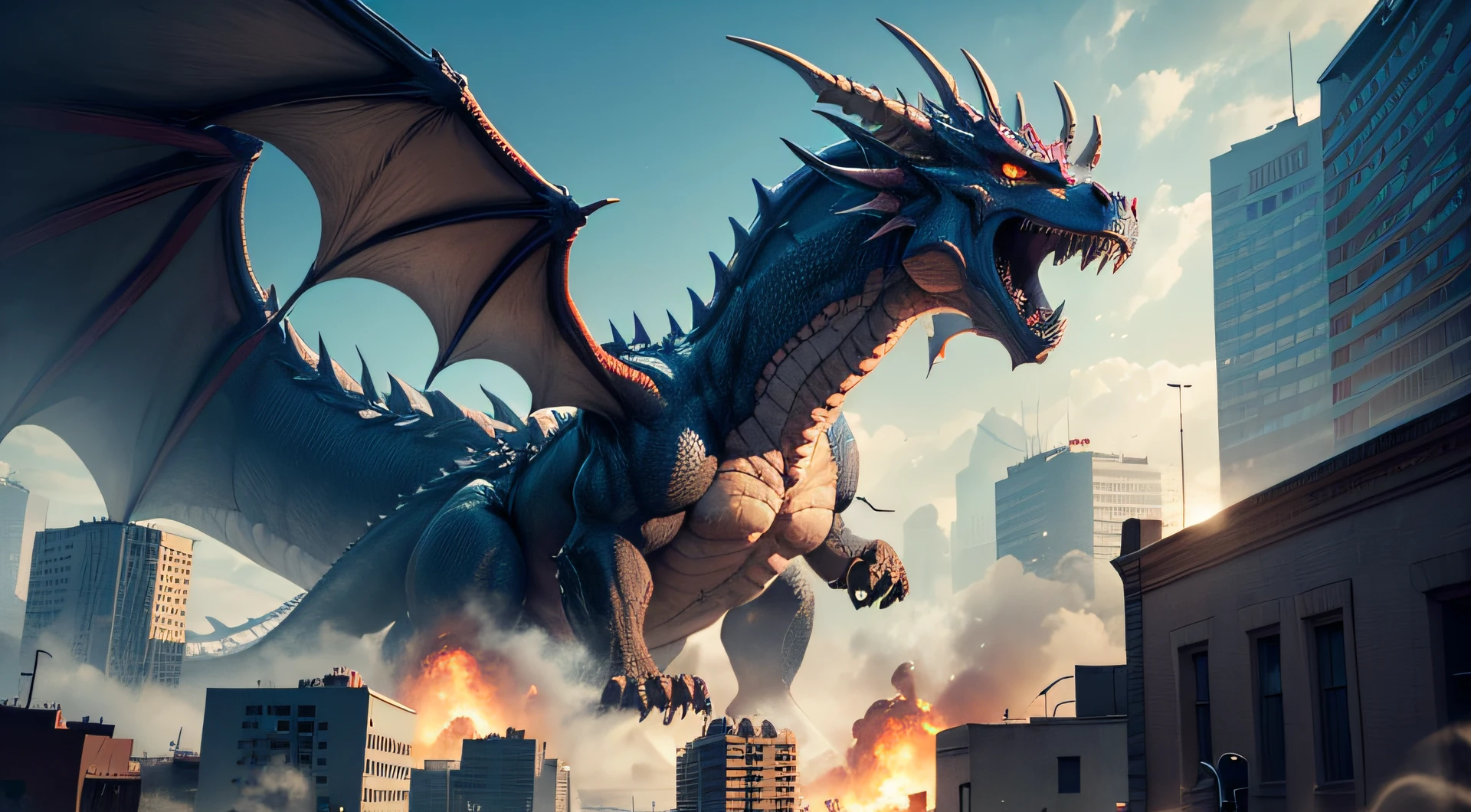 A big giant dragon is destroying a city fantasy