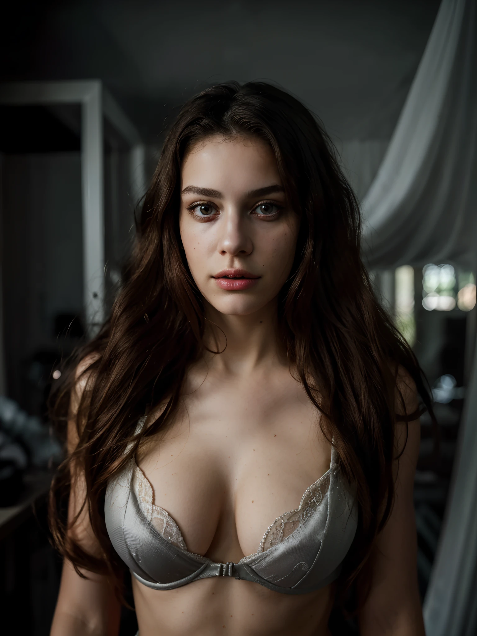 (best quality,4k,8k,highres,masterpiece:1.2),ultra-detailed,(realistic,photorealistic,photo-realistic:1.37),portrait of a 24yo sexy woman, enjoying herself, lust, detailed eyes and face, beautiful detailed lips, long eyelashes, silk see-through bra, standing in the doorway, dark private study, dark and moody light:1.2, professional, vivid colors