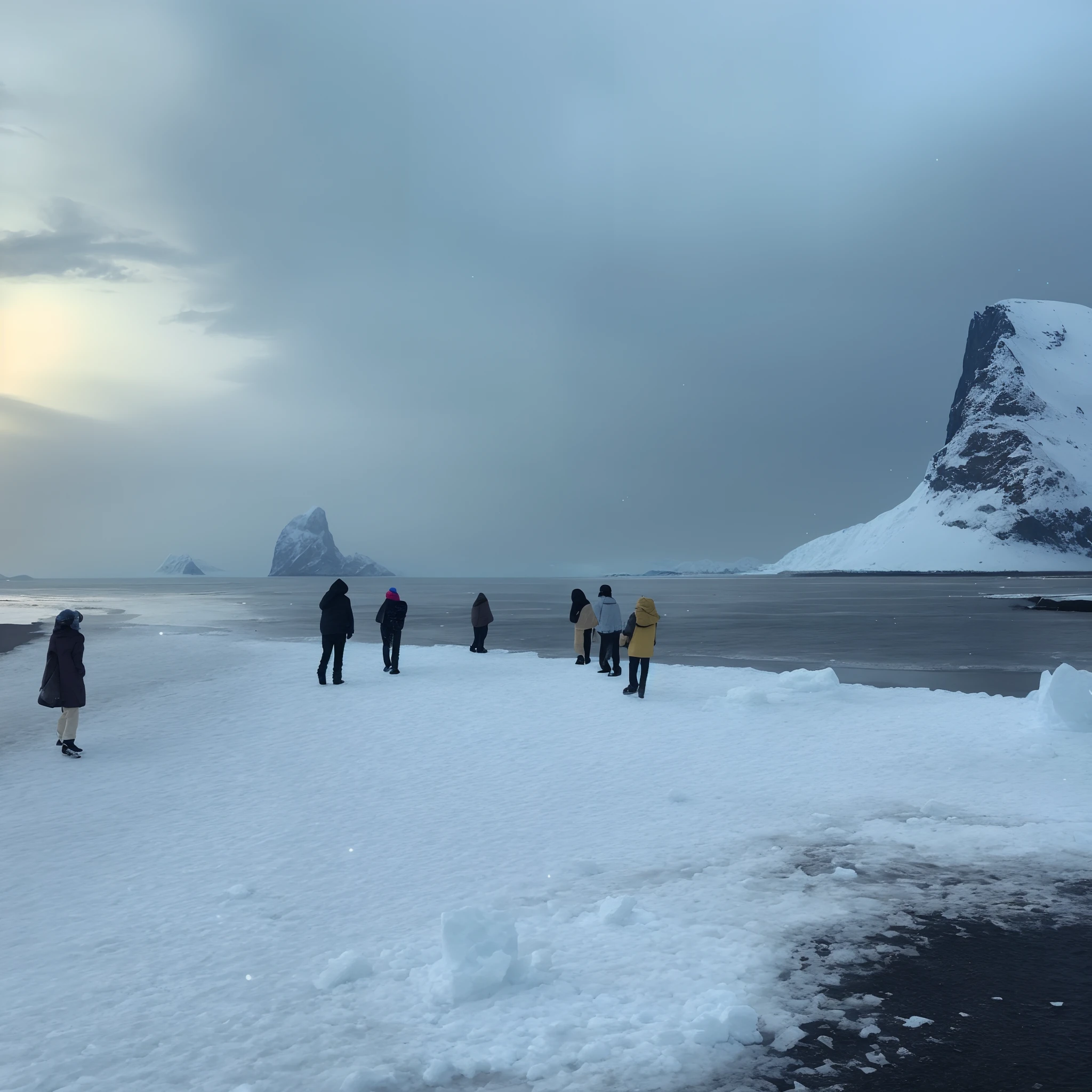 People walking on the beach in the snow close to the water, icy mountains in the background, shot on iphone, with a snowy mountain and ice, Snow-capped fjords, taken on iphone 1 3 pro, image from afar, taken on iphone 14 pro, taken on iphone 1 3 pro, snowy arctic environment, Inspired by John Christian Dahl, Cold but beautiful