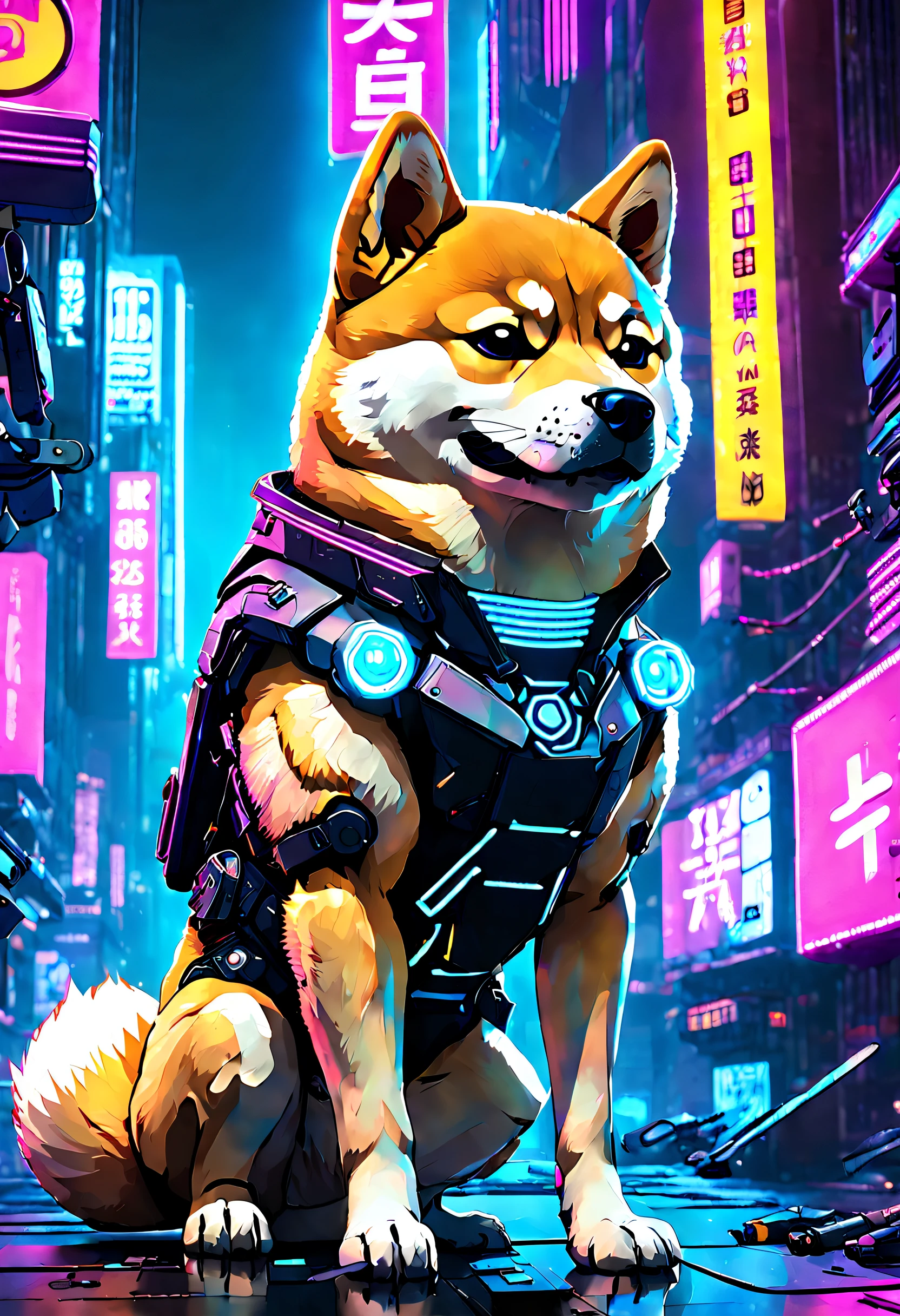 Doge, Shiba Inu, Dogecoin, Meme, (reimagined in a cyberpunk universe), (cyberpunk style), (cyberpunk), (augmentation), cybernetics, glowing neon lights, cinematic scene, hero view, action pose, beautiful 8k, detailed background, masterpiece, best quality, high quality, absurdres, vivid., detailed skin texture, (blush:0.5), (goosebumps:0.5), subsurface scattering,