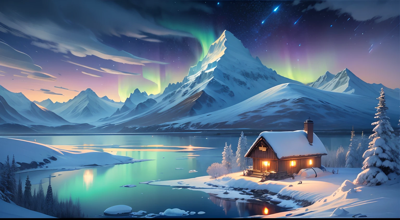 Best quality,A high resolution,(Masterpiece:1.2),Northern Lights,(Towering snow-capped mountains), (cottage house covered in snow),(reindeer),yukito,(sled),(clouds),Mist,(Moon),(galaxias), Breathtaking landscapes, Icy cliffs, Frozen lake, peacful, Majestic beauty, (Starry night), ethereal glowing, A miracle of nature, Peaceful solitude, Celestial wonders, vast, Natural phenomena, Silent night, Serene reflection, glittering stars, Mysterious charm