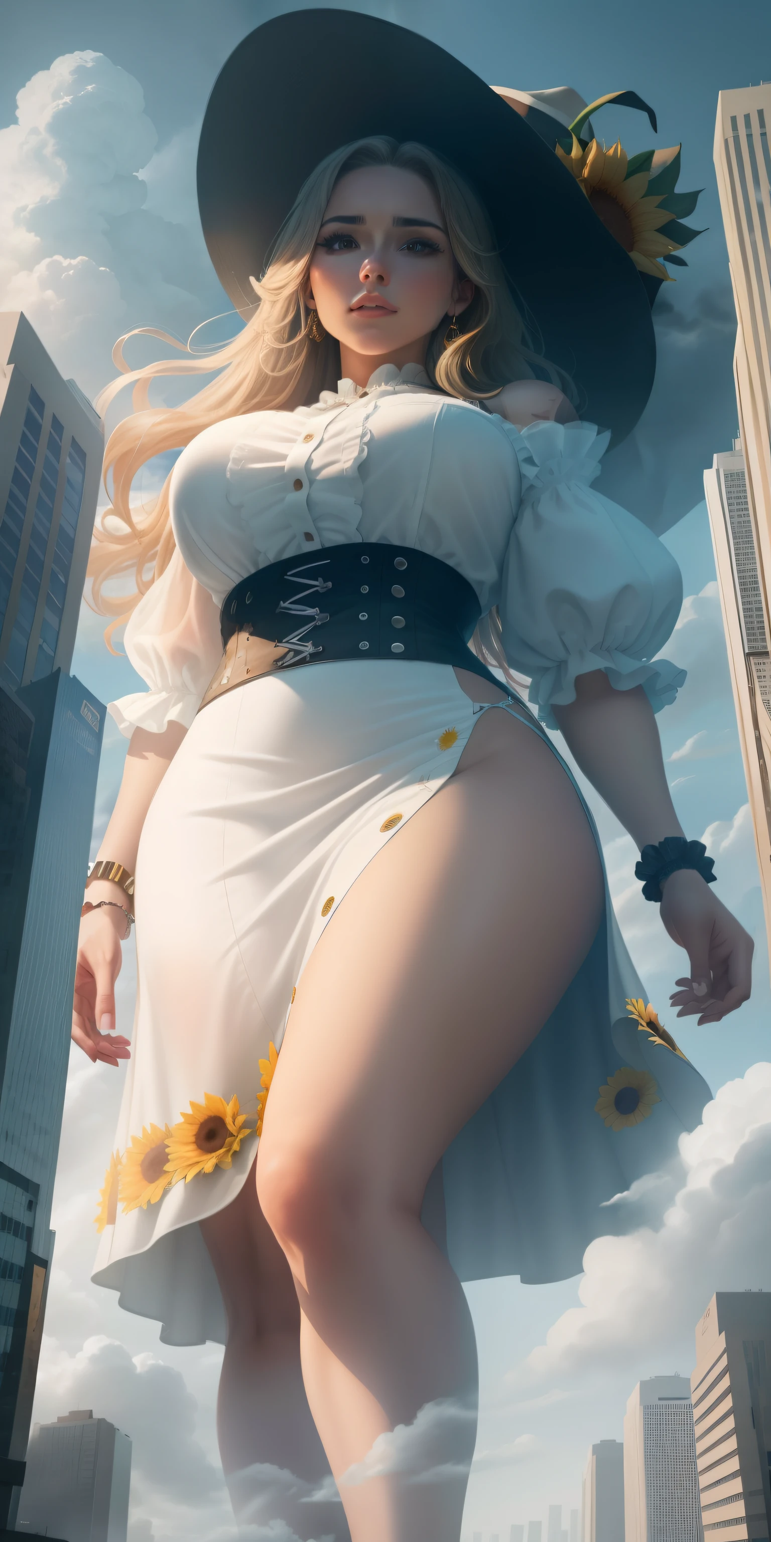 A towering Giantess in a tight white sundress with sunflowers depicted on it.  She's wearing a white, wide-brimmed sunhat. Her toned and athletic build hints at her massive strength. She seems to be casually strolling through the bustling cityscape of GTS City, as towering buildings loom overhead. Smoke and clouds roil around her, adding to the sense of epic scale and drama. The lighting is dark, gloomy, and realistic, creating a tense and ominous atmosphere. The perspective is from below, emphasizing the sheer majesty and power of the Giantess.