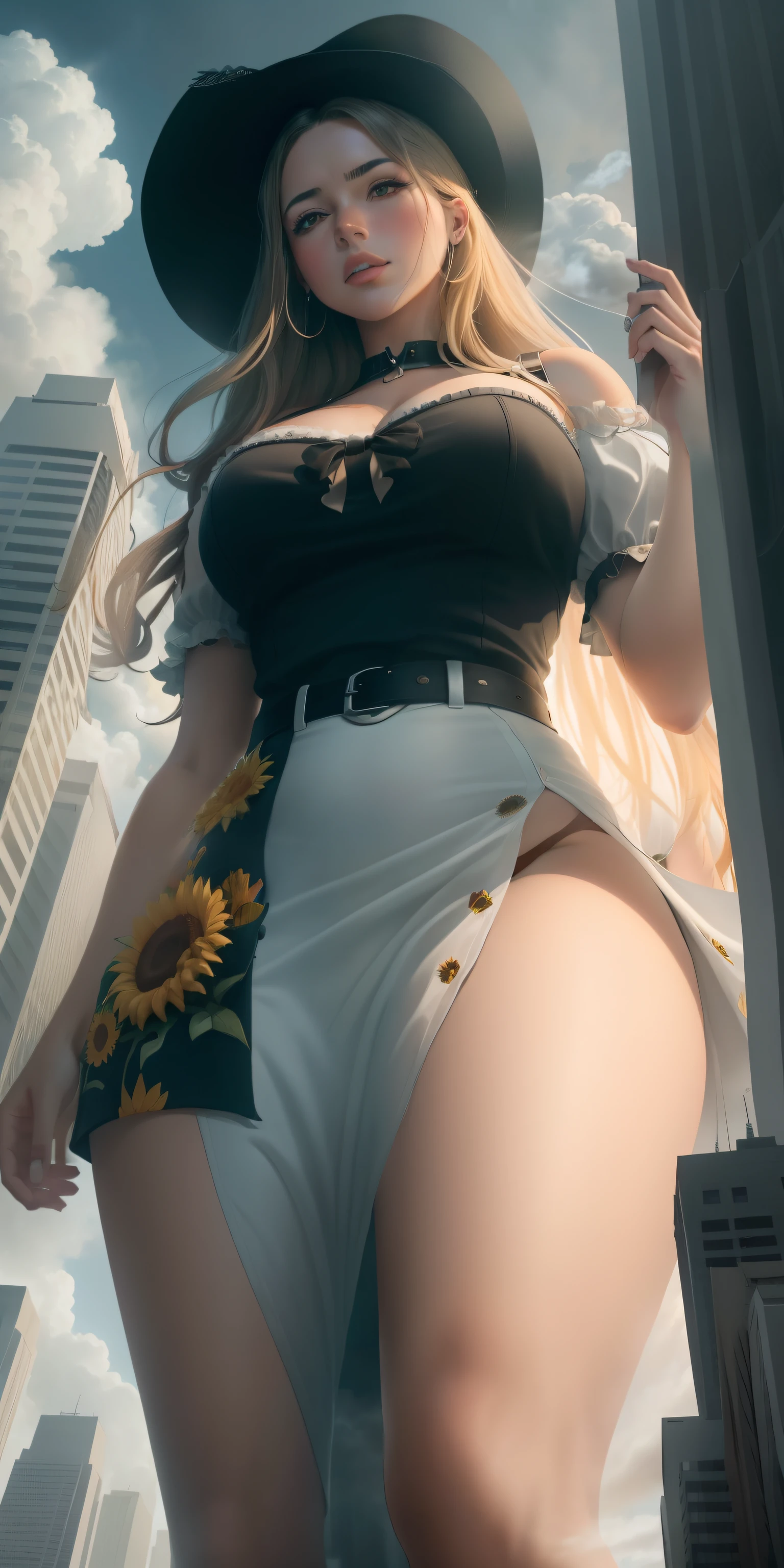 A towering Giantess in a tight white sundress with sunflowers depicted on it. She's wearing a white, wide-brimmed sunhat. Her toned and athletic build hints at her massive strength. She seems to be casually strolling through the bustling cityscape of GTS City, as towering buildings loom overhead. Smoke and clouds roil around her, adding to the sense of epic scale and drama. The lighting is dark, gloomy, and realistic, creating a tense and ominous atmosphere. The perspective is from below, emphasizing the sheer majesty and power of the Giantess.