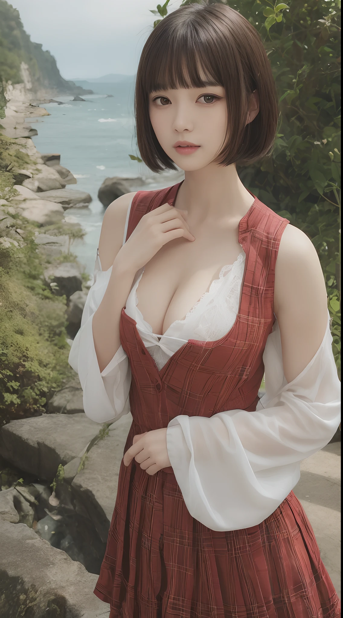 masutepiece、Best Quality、 ultra-detailliert、hight resolution、8K Wallpapers、Perfect dynamic composition,、Beautiful detailed eyes、(Beautiful Large Breasts:1.3)、17-year-old beauty、Asian Beauty、top-quality、Beautiful Beautiful Girl、High school students、Brown hair、Pattsun bangs、bob cuts、a small face、ssmile、Colossal tits、Red vest、Chest protruding heavily from the shirt,,、A slender、slender、slender body with large breasts,,,,,,,,,,,,,,,,,,,,,,,,,,,,,,,,,,,,,,,,,,,,,、up chest、plaid skirts、eye make up、heavy eye makeup、sunlight from sky、Road by the sea、The Sea Behind、Silence、Transcendental tranquility、Super detailed illustration、extra detailed face、Raw photography、film grains、Deviantart Trends、
