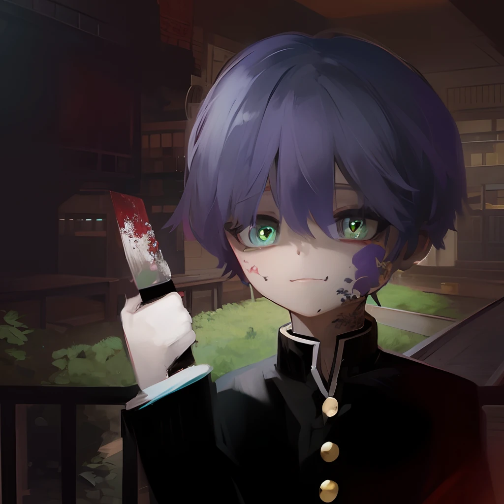 male 、Purple hair、Green eyes、yandere、pupils