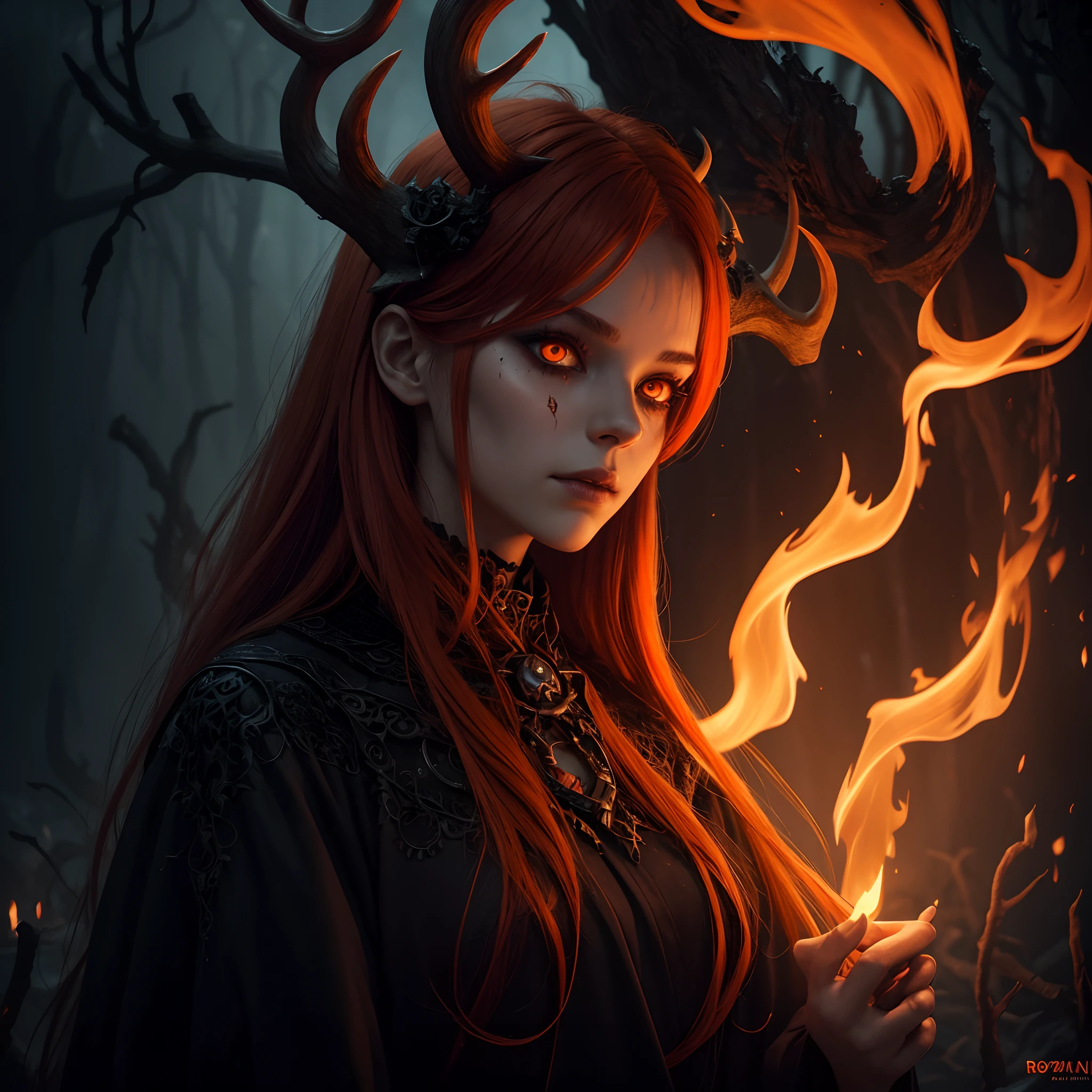 dark, unholy, evil, astral, creepy style, undead, rotting skin, mystical, nice perfect face with soft skin, young beautiful girl portrait on fire, orange smoke, mist, night, orange long red hair, antlers glowing orange eyes, from side, light orange glow, void, pumpkin