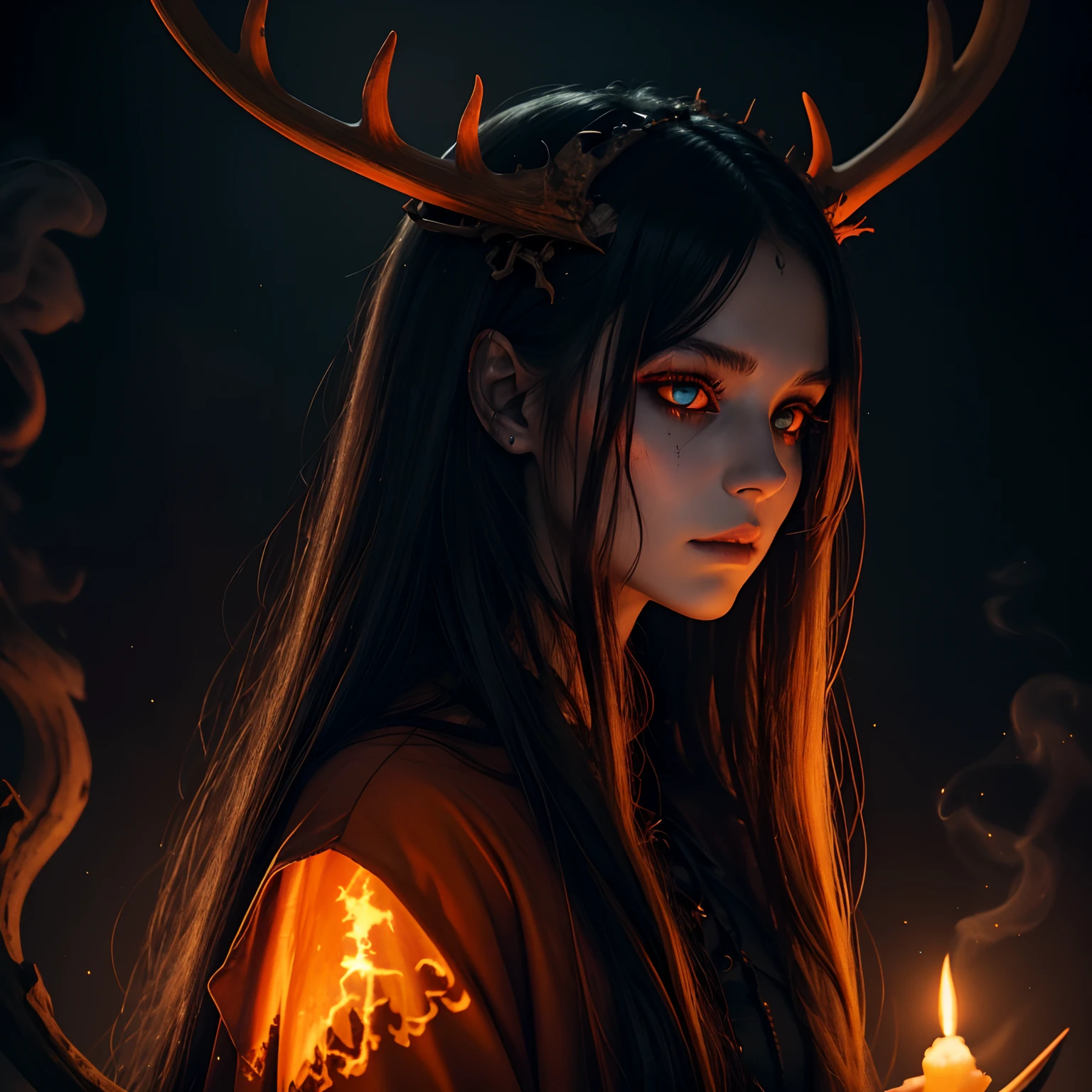 dark, unholy, evil, astral, creepy style, undead, rotting skin, mystical, nice perfect face with soft skin, young beautiful girl portrait from side, smoke, mist, orange night, long hair, antlers, orange glow, orange eyes, void, pumpkin