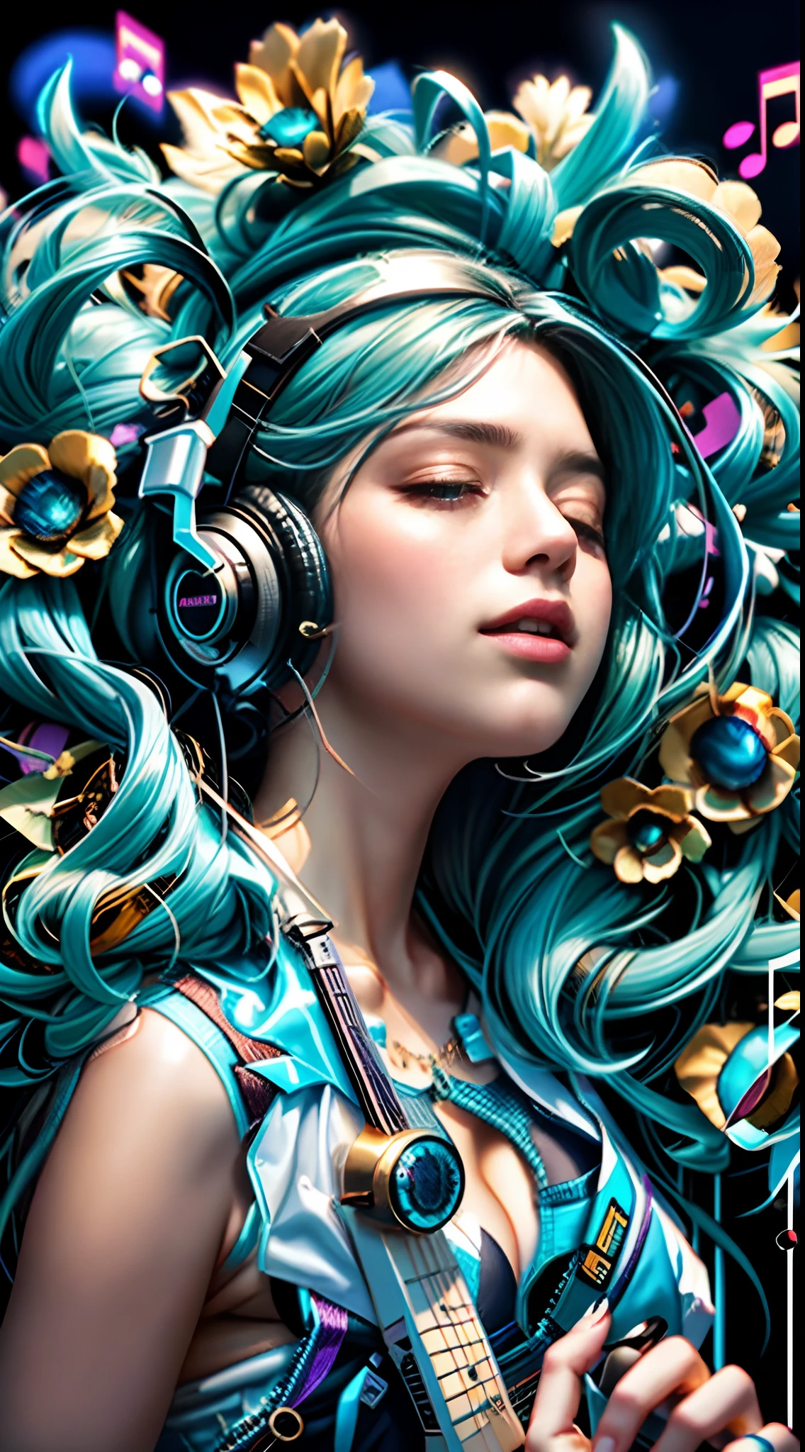 um close up de uma mulher com fones de ouvido e uma guitarra, Beeple e Jeremias Ketner, exquisite digital illustration, bela arte digital, Beautiful digital illustration, stunning digital illustration, lindo arte digital, com fones de ouvido, Artgerm e James Jean, Arte de Alessandro Pautasso, WLOP |, music is life, a beautiful artwork illustration, extremely high quality artwork