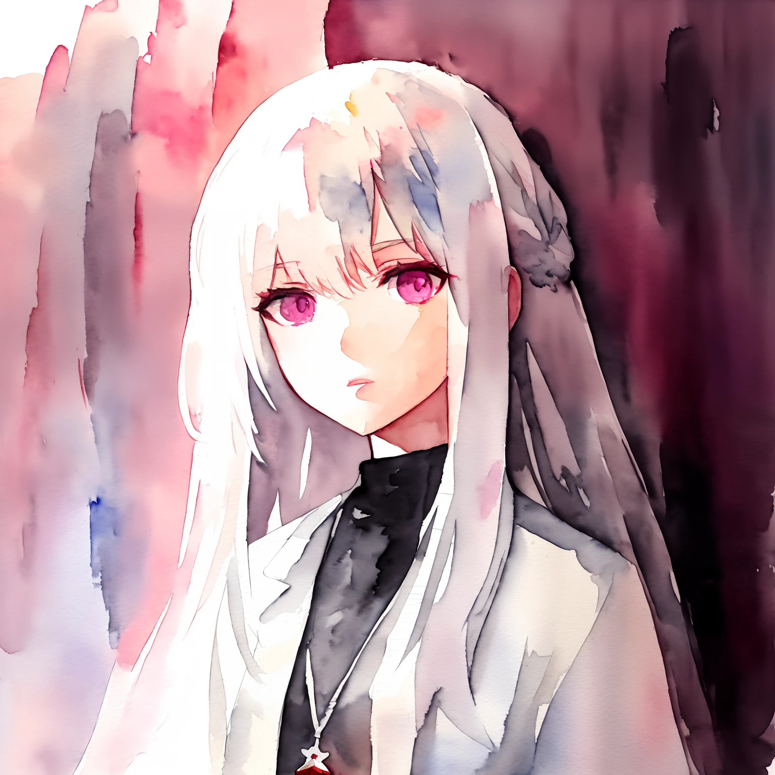 Female, ite, youult, pink eyes, white hair, braid, white trenchcoat, black jumpsuit, communist, ((watercolor painting)), high resolution, best quality, shadows, soft lights