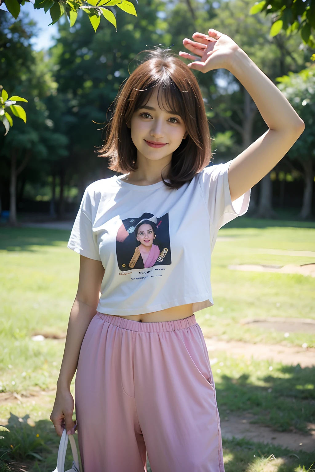 maestra,La mejor calidad, Muy flaca india Allison Mack , cabello color pink  , ,. labios rojos ,Cabello largo , , no selfie , profundidad de campo, no feliz, , without smiling ,,, camiseta roja , Pantalones Jens , mirando al espectador, en el parque