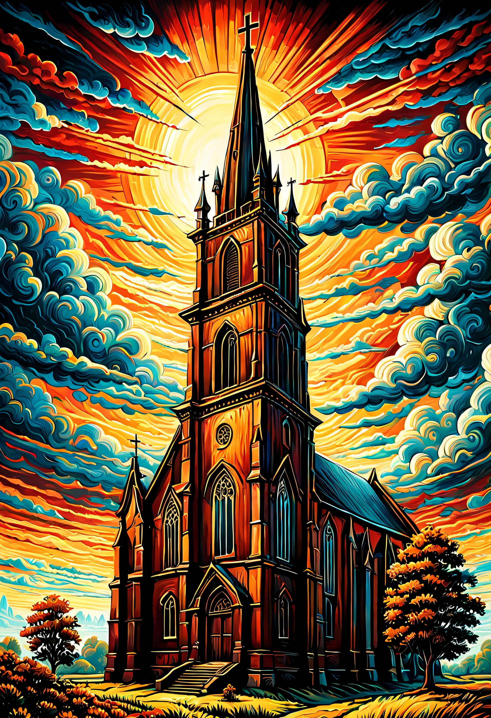 a painting of the church in ruigoord with a tower and a sky background, inspired by Dan Mumford, dan mumford and alex grey style, in the style dan mumford artwork, in the art style of dan mumford, dan mumford paint, el bosco and dan mumford, anton fadeev and dan mumford, painting by dan mumford, by Dan Mumford, jen bartel