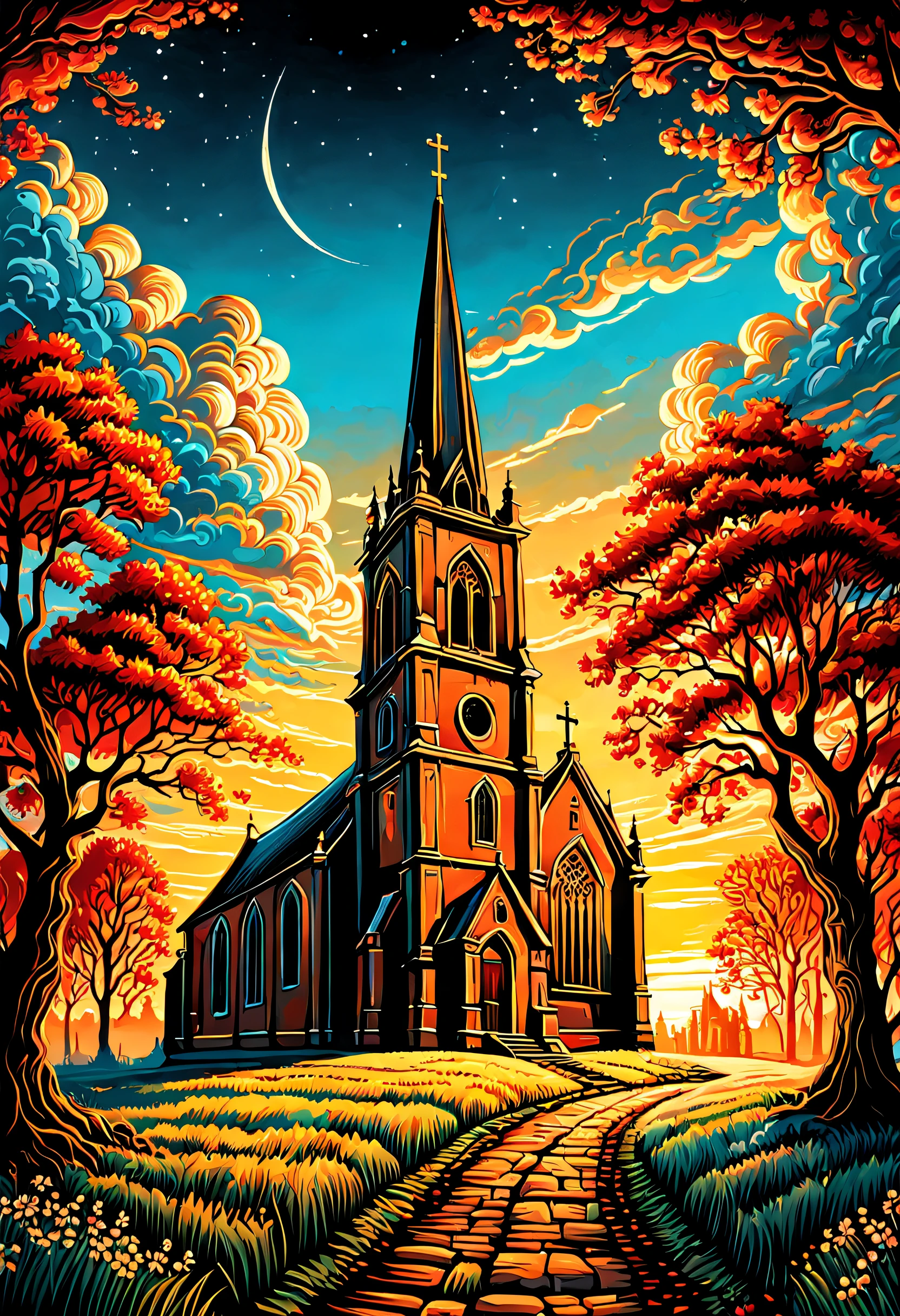 a painting of the church in ruigoord with a tower and a sky background, inspired by Dan Mumford, dan mumford and alex grey style, in the style dan mumford artwork, in the art style of dan mumford, dan mumford paint, el bosco and dan mumford, anton fadeev and dan mumford, painting by dan mumford, by Dan Mumford, jen bartel