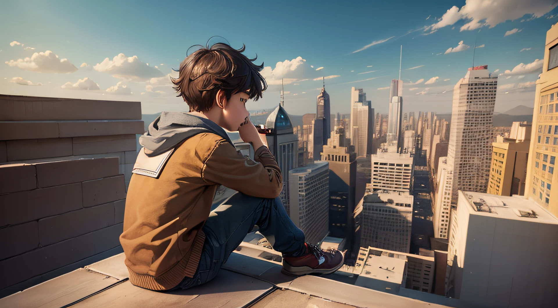 A boy is sitting by a city building roof fantasy
