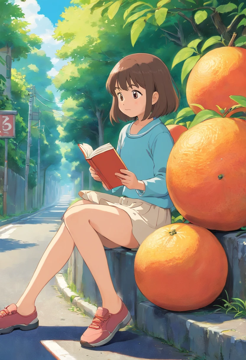 girl sitting on the side of the road reading a book,There are grapefruit next to it