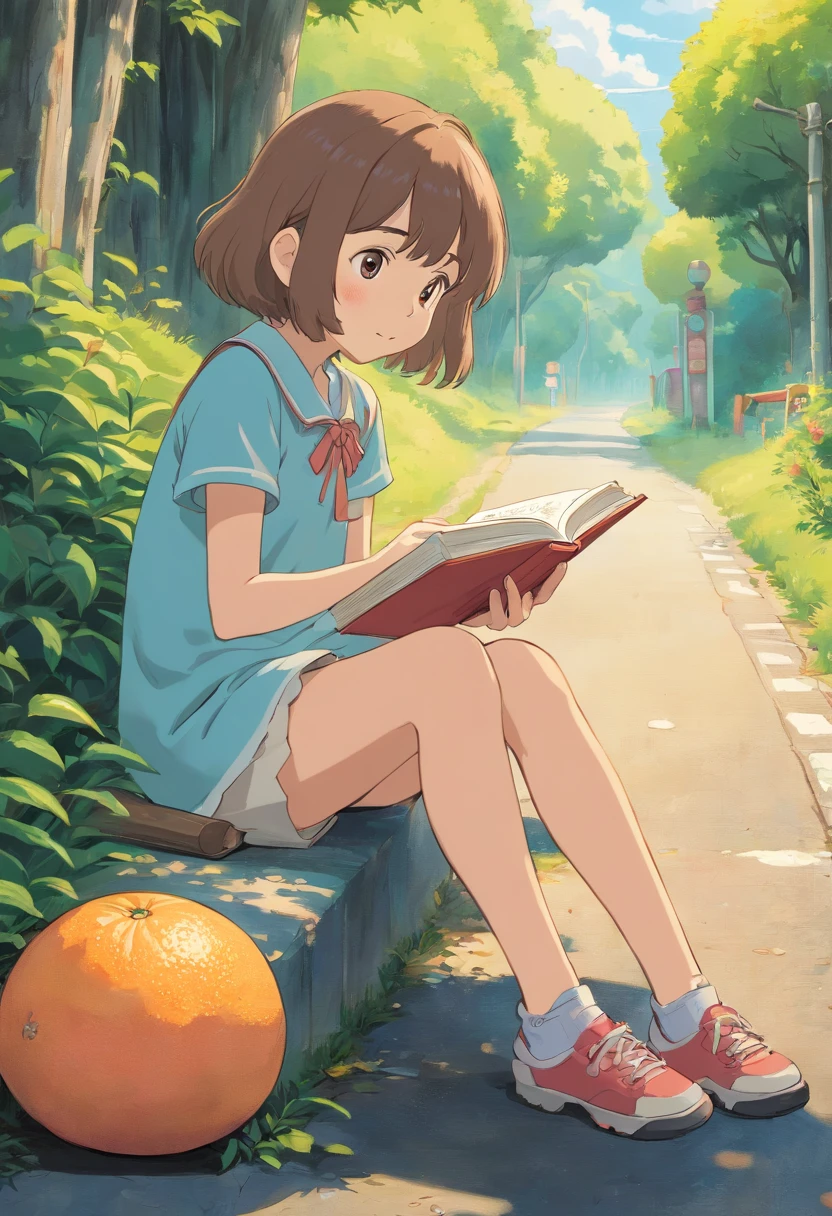 Little girl sitting on the side of the road reading a book,There are grapefruit next to it