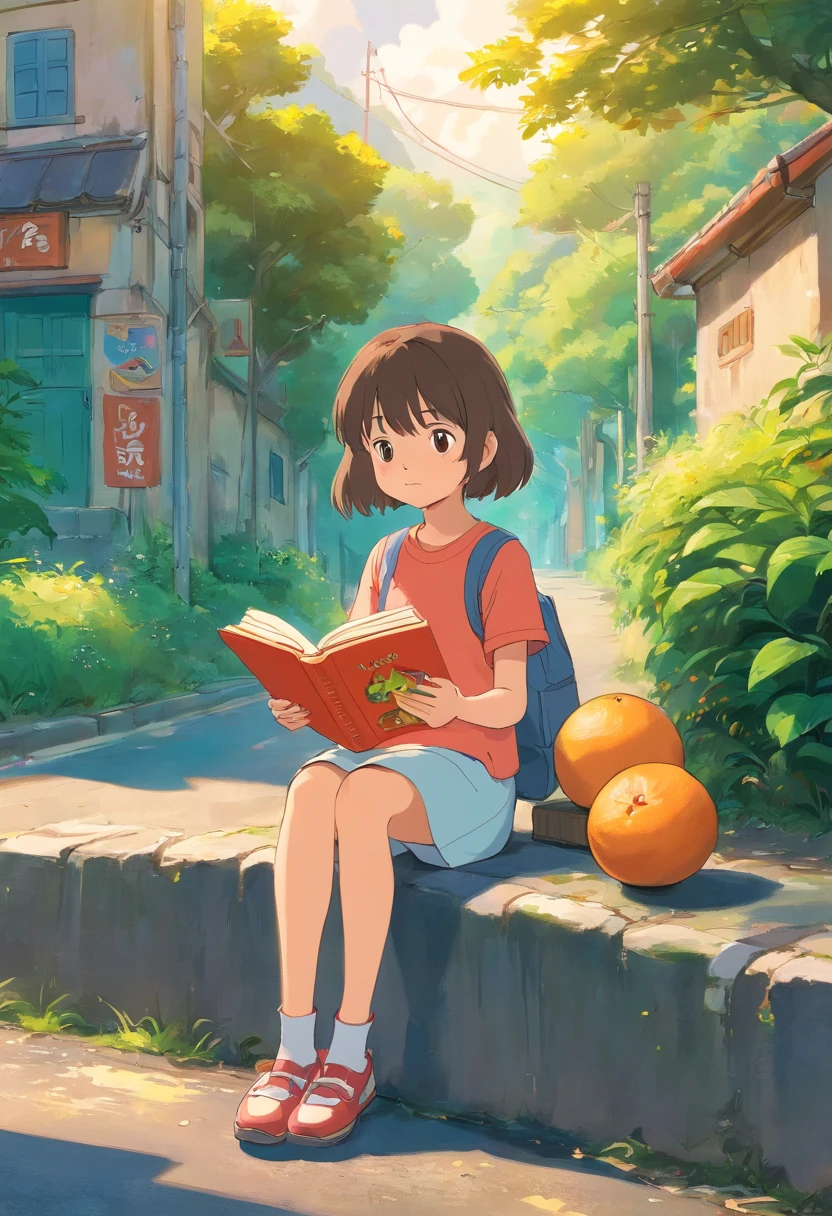  girl sitting on the side of the road reading a book，There are grapefruit next to it