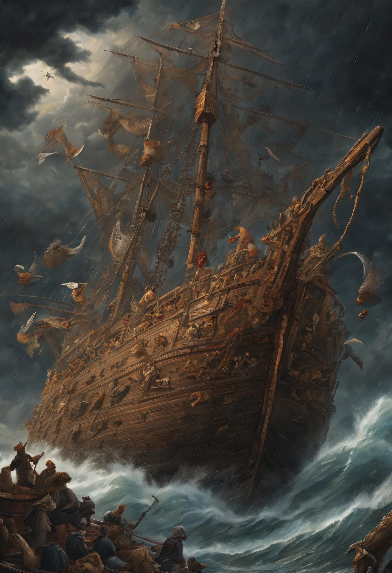 (((intricate details and a multitude of animals aboard:1.3))), (((intricate detailed only ship is Noah's-Ark and with on it detail animals illustration:1.3))), ((rough sea background:1.3)), (((darkest cloud sky with heavy rain:1.2))), oil paint, rich colors coating, (Old Testament atmosphere:1.3), (extremely insane details:1.3), (intricate details:1.1), (envision a vibrant and detailed rendering:1.1), (highly quality:1.2), ((stunningly detail visual quality:1.3)). official art, (((sea and sky coating of dark atmosphere:1.1))),