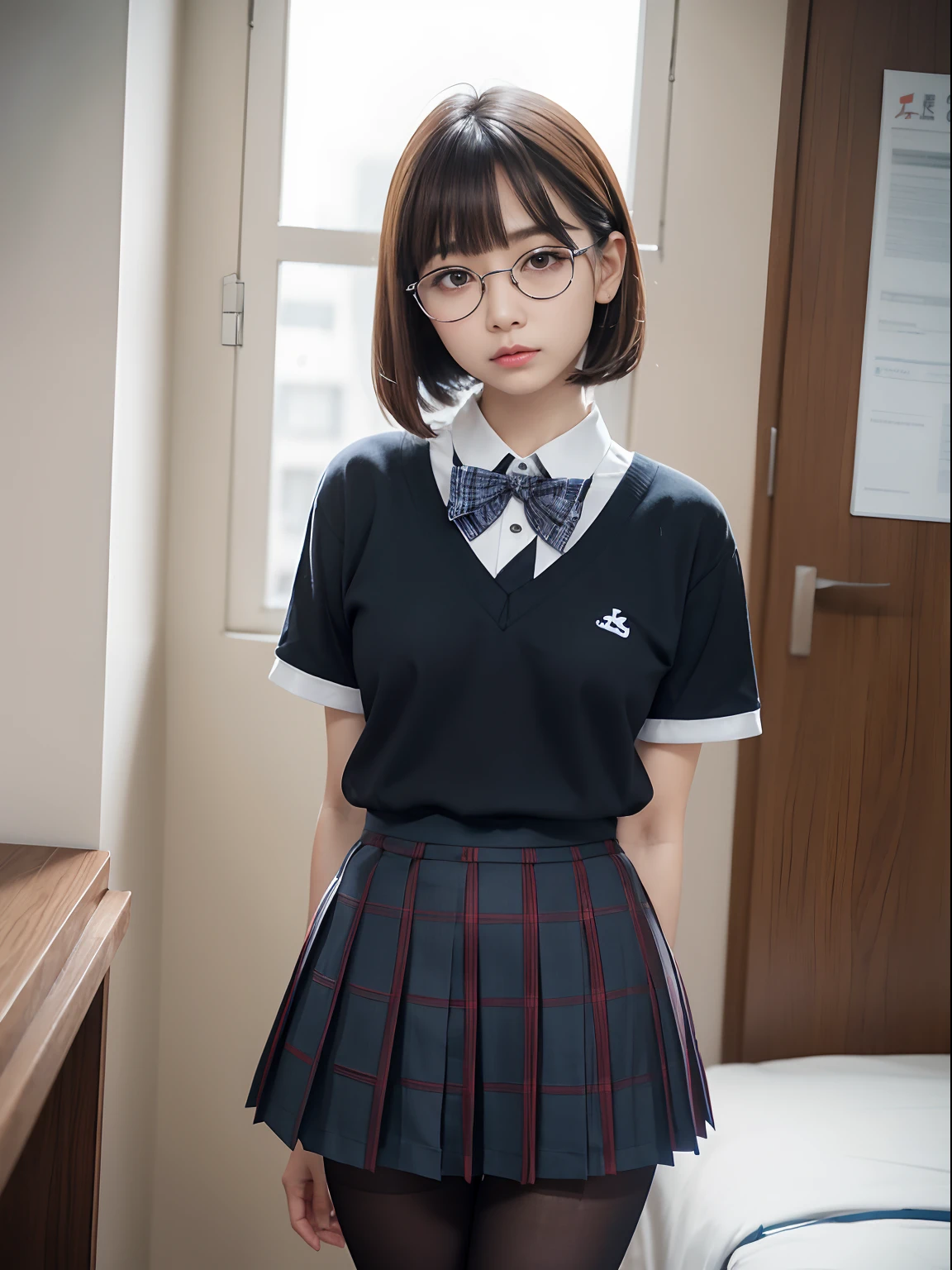 (Have vaginal sex, Insert a into your:1.2),sad Facial expression、, Neat face, a baby face, Olegs, Schoolgirl Uniform,navy check pleated skirt、 Short bob hair, (Best Quality, 8K, masutepiece :1.3), emotional, (gleaming skin, Shiny hair:1.4), Indoors, NSFW, masutepiece, Best Quality, (Ultra-detailed),Classroom、Schoolgirl in the background