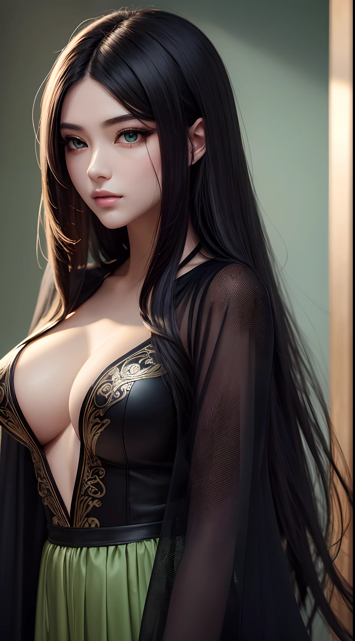 Xianxia, Ultra detailed beautiful woman, voluminous breasts, of a 20-year-old woman, Stunningly beautiful, black color hair, variety hairstyle, green color eyes, very long eyelashes, green long robe, Stunningly beautiful face, holographic, ultra detailed illustration, hit definition, Very bold and bright colors, 32K resolution, Best Quality, voluminous lighting, masterpiece, ultra realistic , High-quality detailing,