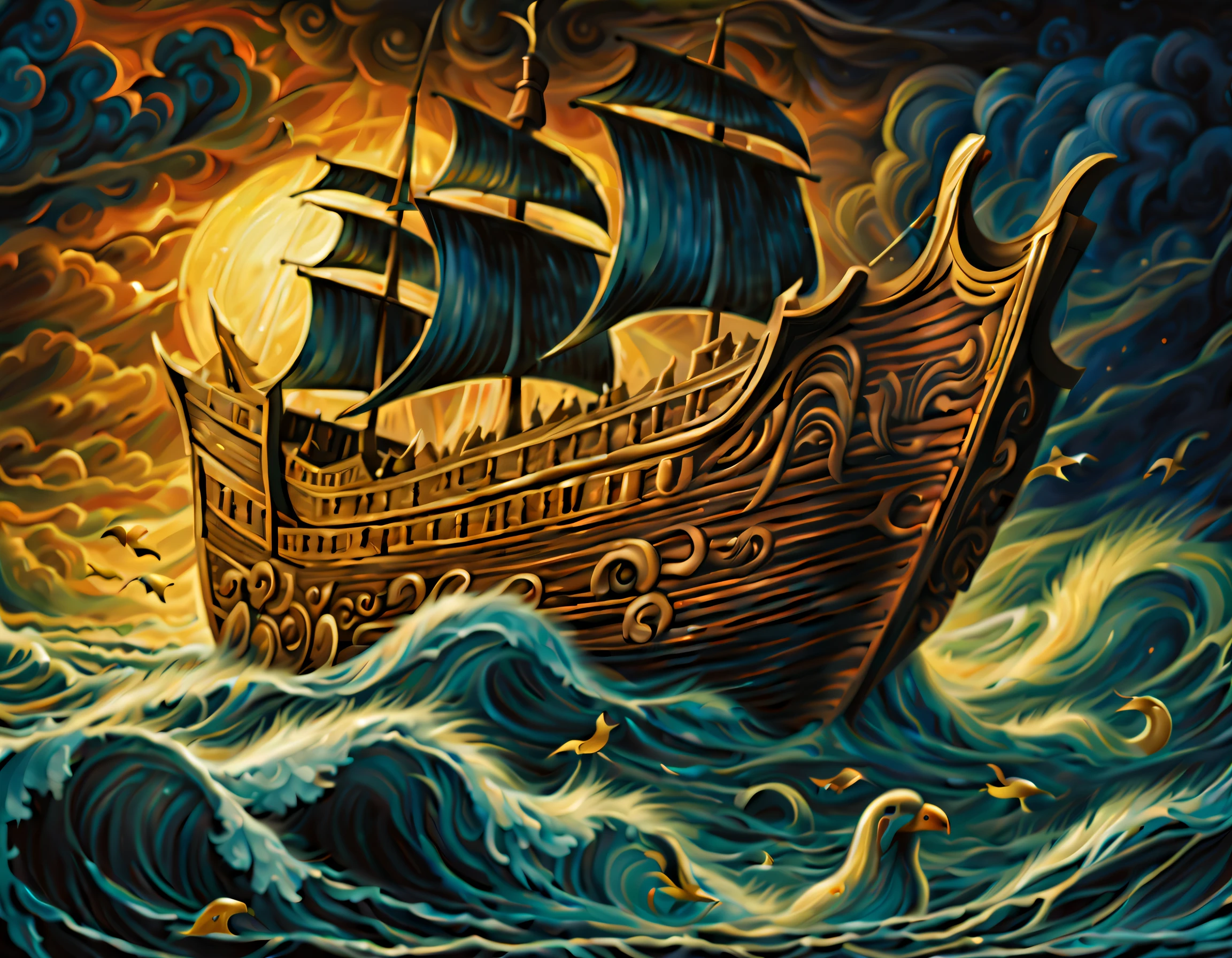 (((intricate details and a multitude of animals aboard:1.3))), (((intricate detailed only ship is Noah's-Ark and with on it detail animals illustration:1.3))), ((rough sea background:1.3)), (((darkest cloud sky with heavy rain:1.2))), oil paint, rich colors coating, (Old Testament atmosphere:1.3), (extremely insane details:1.3), (intricate details:1.1), (envision a vibrant and detailed rendering:1.1), (highly quality:1.2), ((stunningly detail visual quality:1.3)). official art, (((sea and sky coating of dark atmosphere:1.1))),