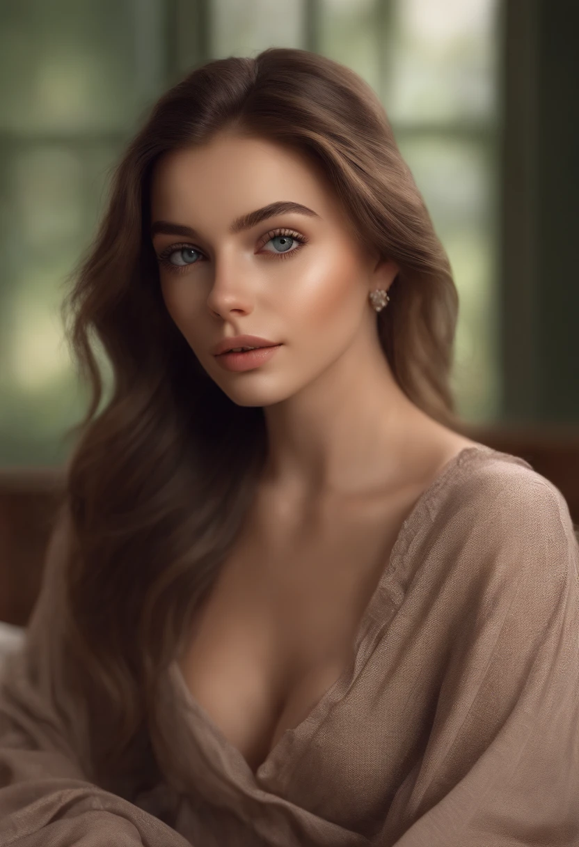 arafed woman fully , sexy girl with brown eyes, ultra realistic, meticulously detailed, portrait sophie mudd, brown hair and large eyes, selfie of a young woman, european eyes, violet myers, without makeup, natural, looking directly at the camera, face with artgram, subtle makeup, stunning full body shot kneeling on bed, in bedroom, medium to large size bust