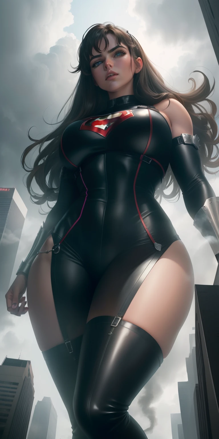 A towering Giantess in a tight superhero outfit. she's wearing black thigh boots over her white super hero uniform. Her breasts strain the spandex fabric of her chest area. Her toned and athletic build hints at her massive strength. She seems to be casually strolling through the bustling cityscape of GTS City, as towering buildings loom overhead. Smoke and clouds roil around her, adding to the sense of epic scale and drama. The lighting is dark, gloomy, and realistic, creating a tense and ominous atmosphere. The perspective is from below, emphasizing the sheer majesty and power of the Giantess. (masterpiece) (UHD) (Perfect detailed eyes)