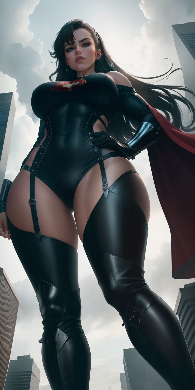 A towering Giantess in a tight superhero outfit. she's wearing black thigh boots over her white super hero uniform. Her breasts strain the spandex fabric of her chest area. Her toned and athletic build hints at her massive strength. She seems to be casually strolling through the bustling cityscape of GTS City, as towering buildings loom overhead. Smoke and clouds roil around her, adding to the sense of epic scale and drama. The lighting is dark, gloomy, and realistic, creating a tense and ominous atmosphere. The perspective is from below, emphasizing the sheer majesty and power of the Giantess. (masterpiece) (UHD) (Perfect detailed eyes)