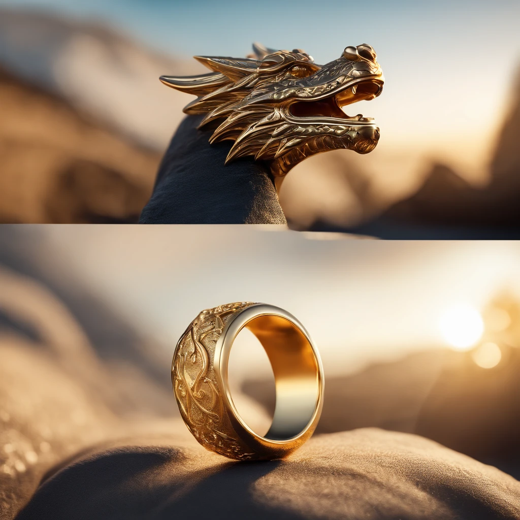 ((Ring design concept art)),Yellow gold ring,(Ring concept blueprint),((Dragon-shaped ring)),Engraved with a five-pointed star,(exquisite craft),Hemming,Natural sunlight,Shining Effect