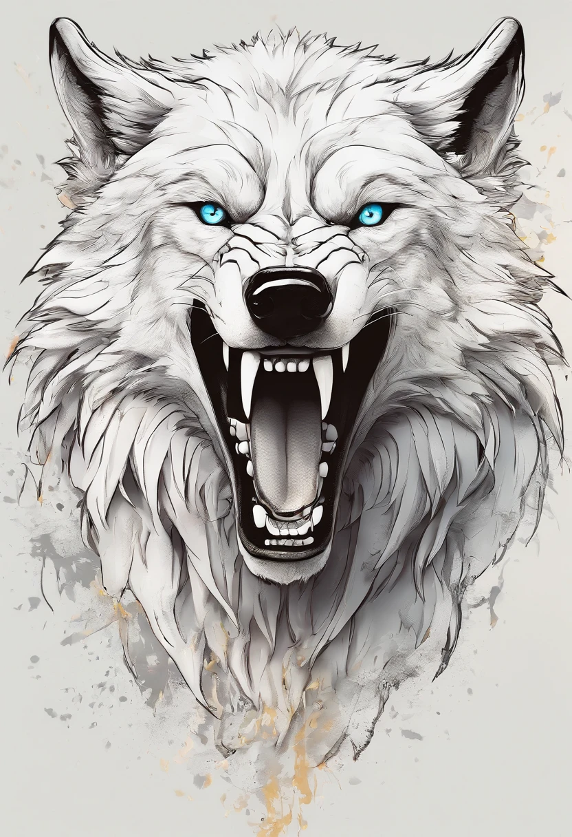 White realistic wolf tattoo art (((odd-eyes))) With ink splatter sketch effect ,He opened his mouth and said,,,,、Looks very fiercely angry,T-shirt logo