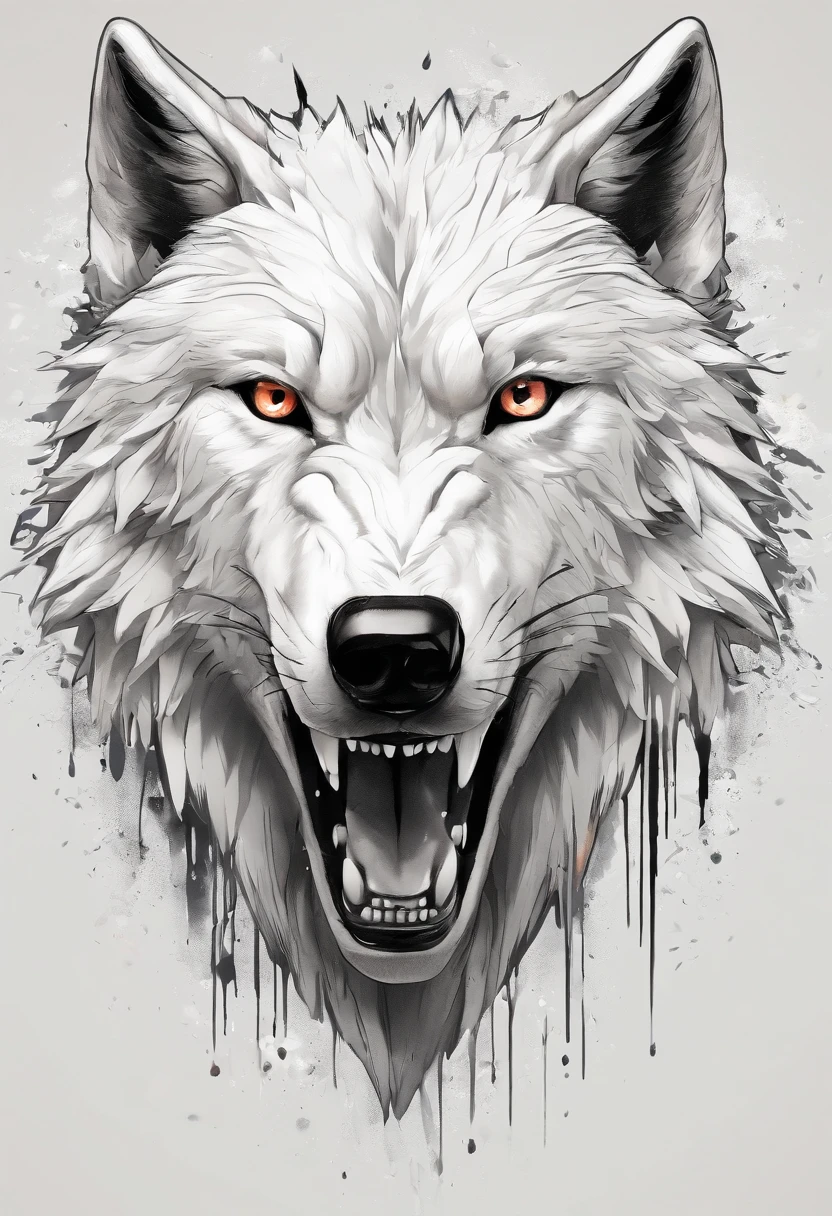 White realistic wolf tattoo art (((odd-eyes))) With ink splatter sketch effect ,He opened his mouth and said,,,,、Looks very fiercely angry,T-shirt logo
