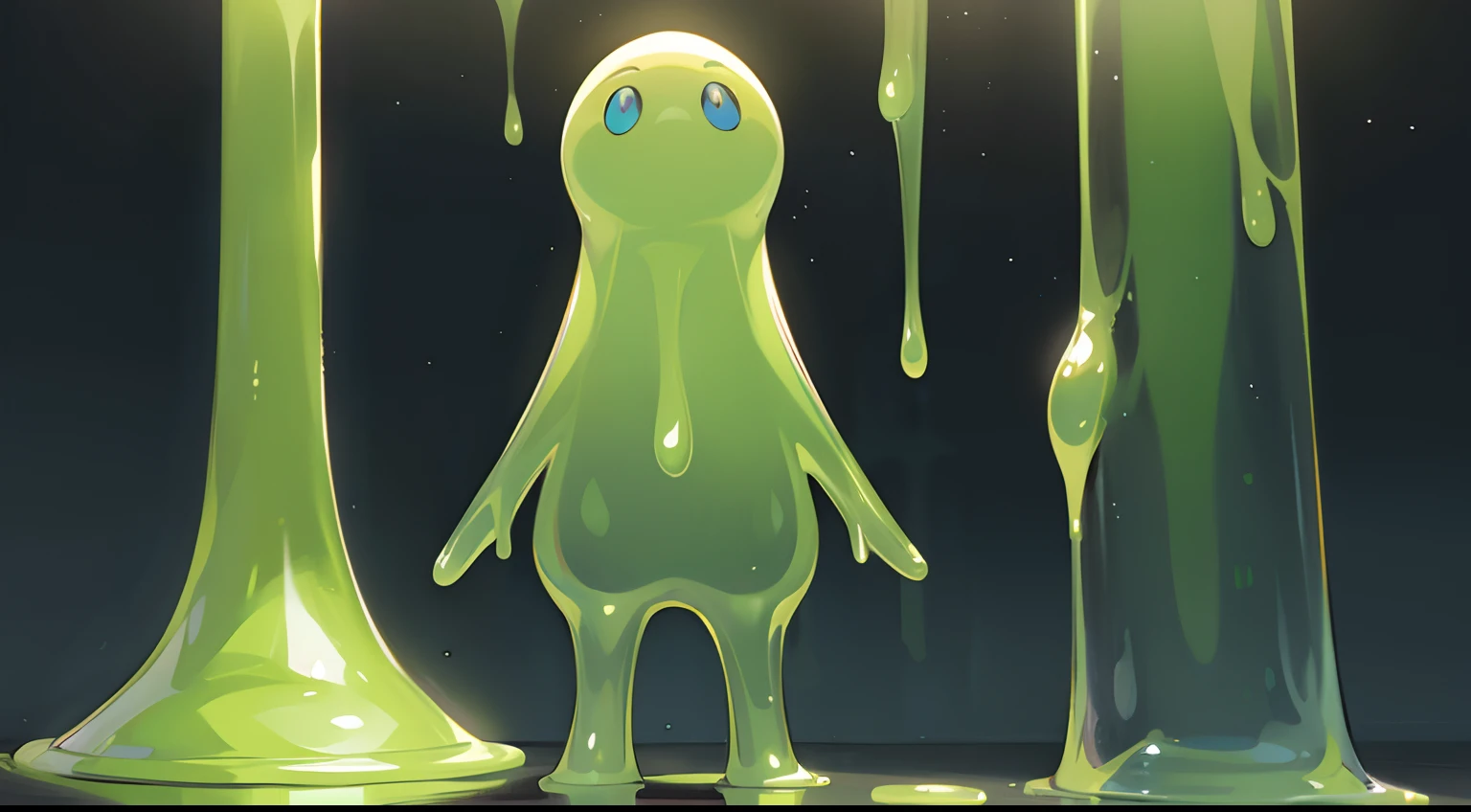 A slime girl (Christna Hendricks, age 25, translucent, made of green slime) has snuck onto a woman's bedroom and is trying on clothes. Slime foot prints
