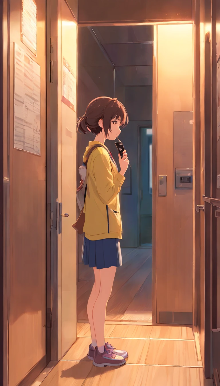 one-girl,talking on phone:0.4,doorways,Flooring,Back shadow ,Super detail, High details