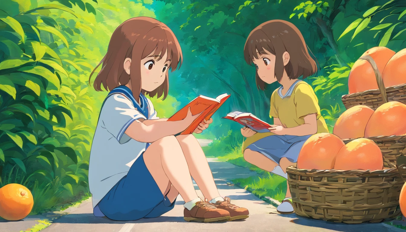 Little girl sitting on the side of the road reading a book，Next to it are two baskets of grapefruit