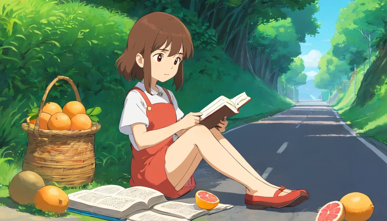  girl sitting on the side of the road reading a book，Next to it are two baskets of grapefruit