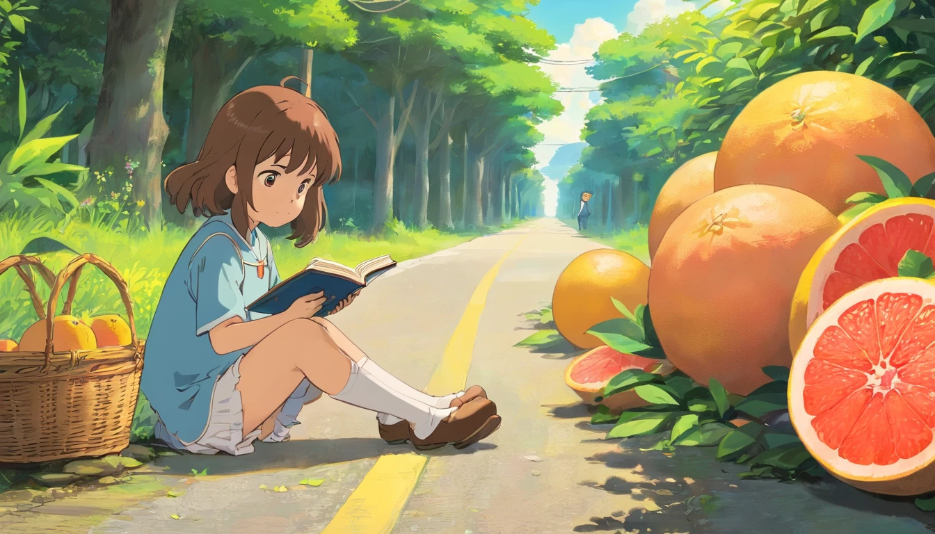 Little girl sitting on the side of the road reading a book，Next to it are two baskets of grapefruit