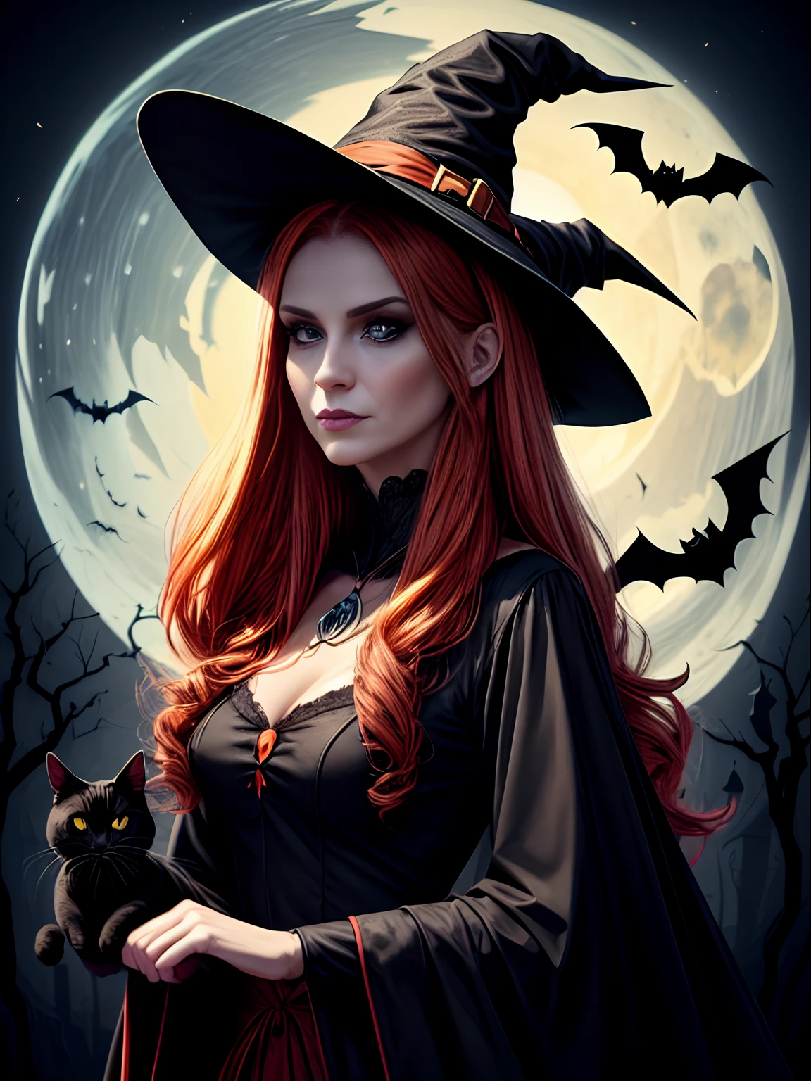 High quality design vector style image, t-shirt print style, graphic art white background of a Halloween style witch, bright and realistic colors, old style witch with a pointy hat, nose with a wart and a black cat at her side, fantasy style scenery halloween
