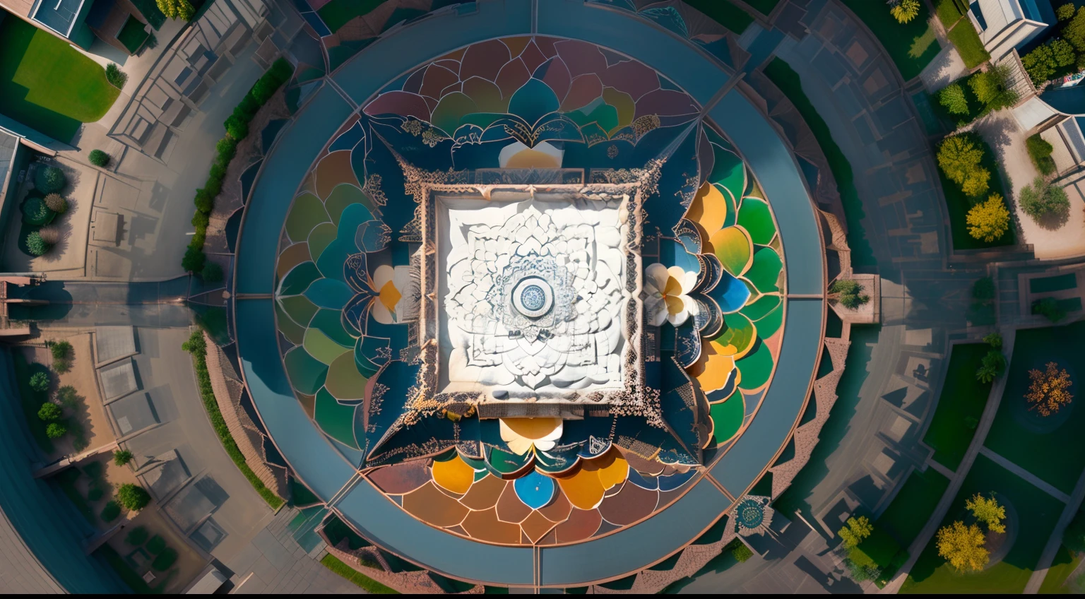 Aerial view of the square building with a fountain in the middle, a beautiful buddhist mandala, giant lotus mandala, color aerial photo drone, upper view, top - view, View from above, Yantra, looking from above, shot from above, photo taken from above, nanquan, Top-down view, top - down view, looking from above, top down shot