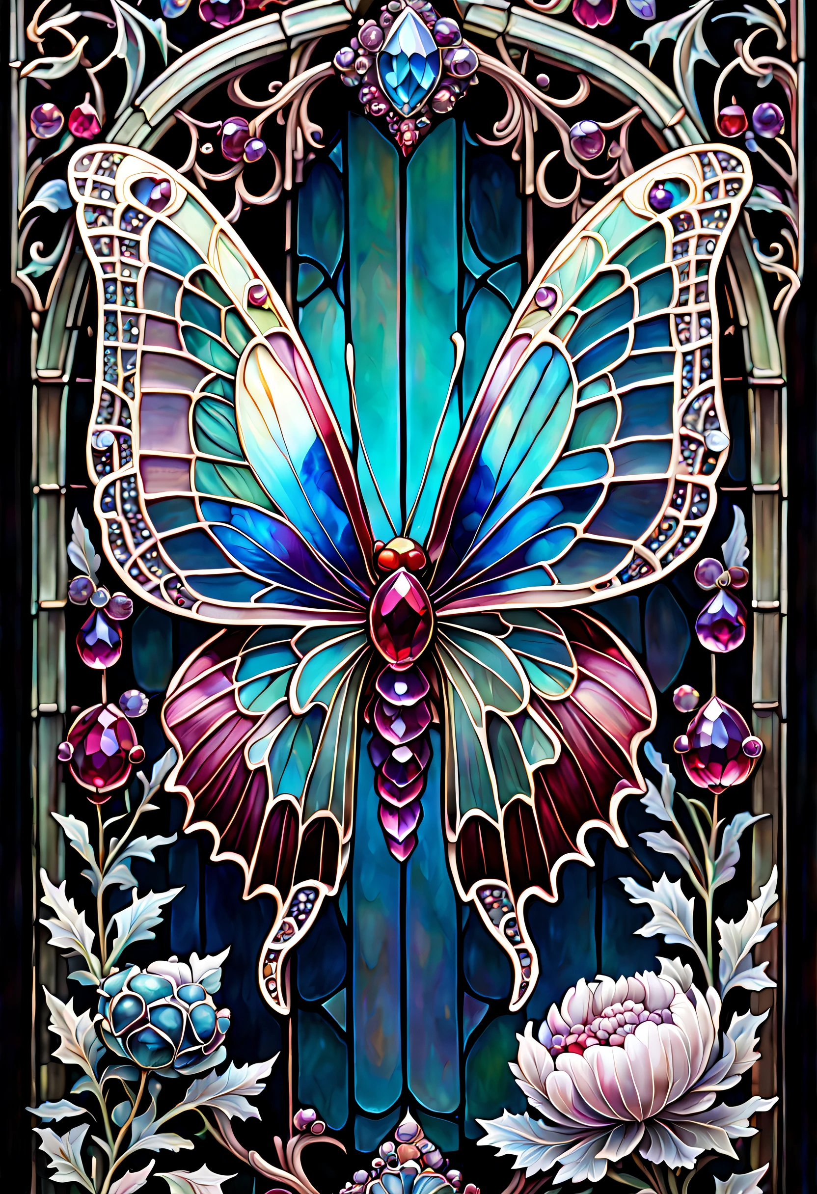 triadic colors, cinematic, official art, close fairytale transparent glass moth ruby peony flowers, ice hoarfrost, baroque, Craola, highly detailed stained glass wings, amethyst crystals, labradorite iridescent crystals, Andy Kehoe, John Blanche, complex highly detailed background,  book detailed illustration, fantasy, filigree, filigree detailed, intricated, cute